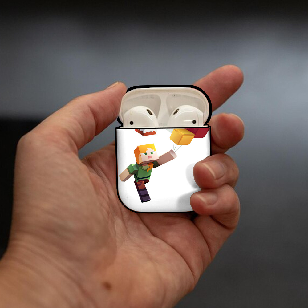 マインクラフト ブロックの世界 Minecraft MC Block world AirPods 第2世代保護ケース ハードシェル ブラック 耐衝撃・防指紋・カラビナ付き