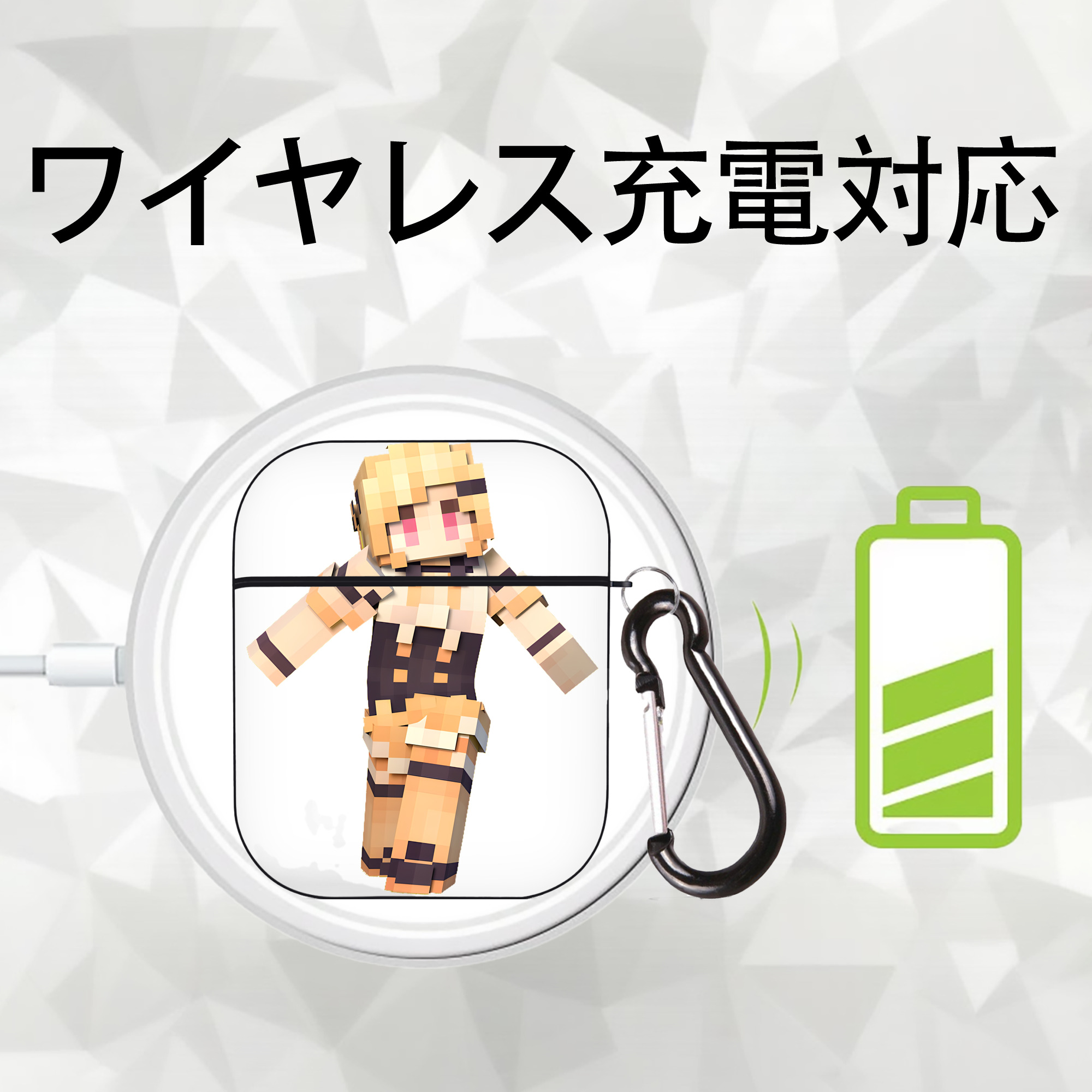 マインクラフト ブロックの世界 Minecraft MC Block world AirPods 第2世代保護ケース ハードシェル ブラック 耐衝撃・防指紋・カラビナ付き