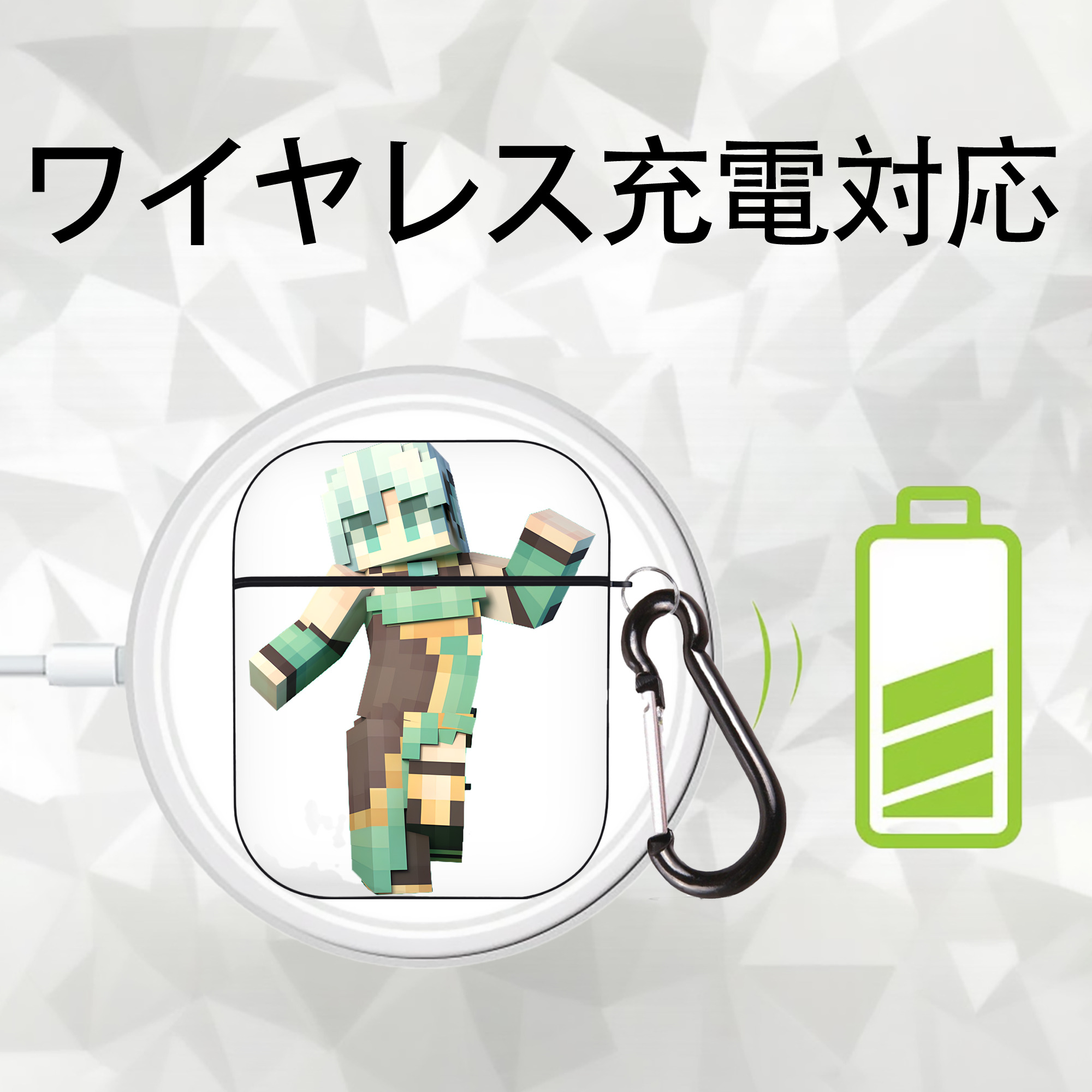 マインクラフト ブロックの世界 Minecraft MC Block world AirPods 第2世代保護ケース ハードシェル ブラック 耐衝撃・防指紋・カラビナ付き