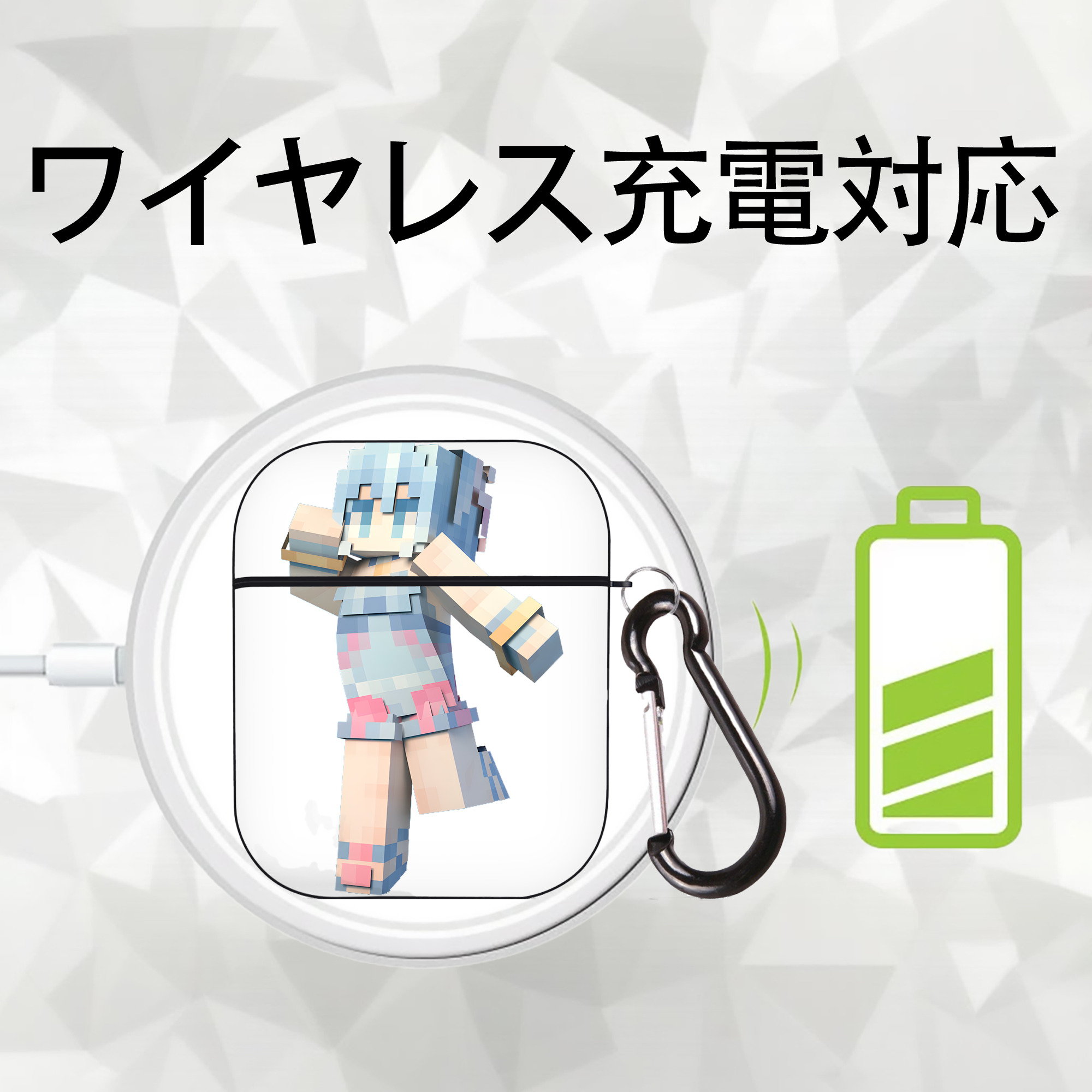 マインクラフト ブロックの世界 Minecraft MC Block world AirPods 第2世代保護ケース ハードシェル ブラック 耐衝撃・防指紋・カラビナ付き