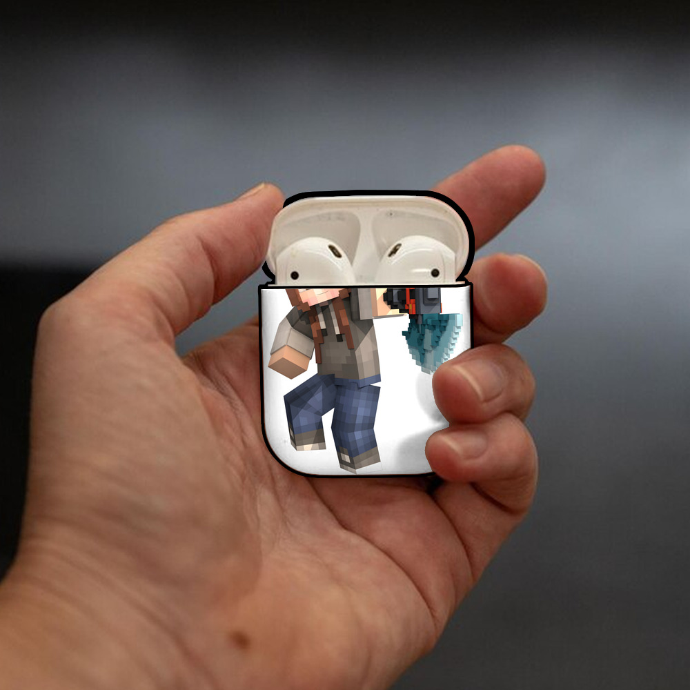 マインクラフト ブロックの世界 Minecraft MC Block world AirPods 第2世代保護ケース ハードシェル ブラック 耐衝撃・防指紋・カラビナ付き