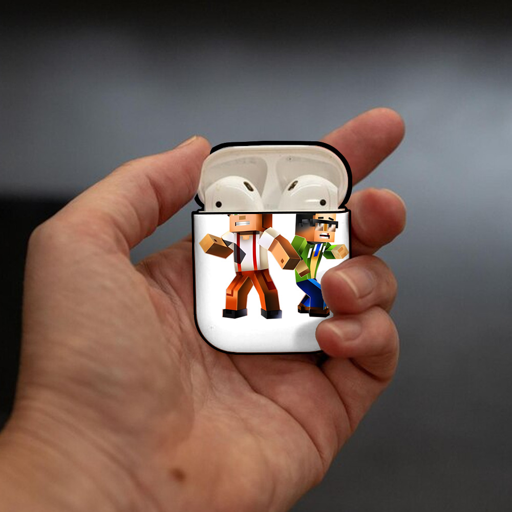 マインクラフト ブロックの世界 Minecraft MC Block world AirPods 第2世代保護ケース ハードシェル ブラック 耐衝撃・防指紋・カラビナ付き