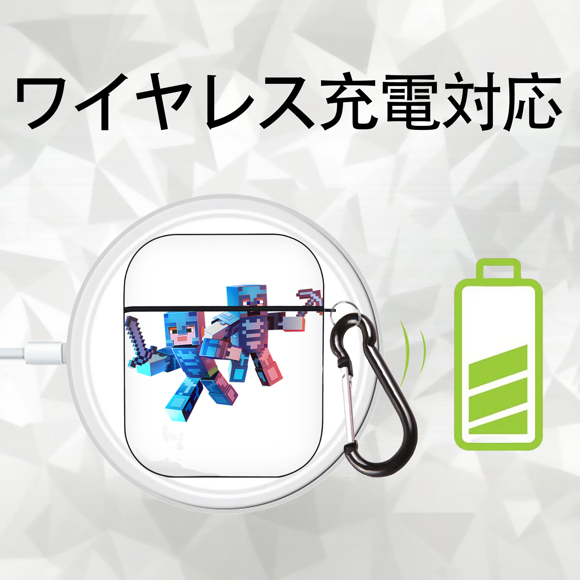 マインクラフト ブロックの世界 Minecraft MC Block world AirPods 第2世代保護ケース ハードシェル ブラック 耐衝撃・防指紋・カラビナ付き