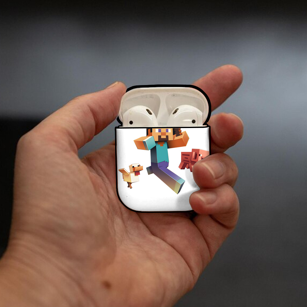 マインクラフト ブロックの世界 Minecraft MC Block world AirPods 第2世代保護ケース ハードシェル ブラック 耐衝撃・防指紋・カラビナ付き