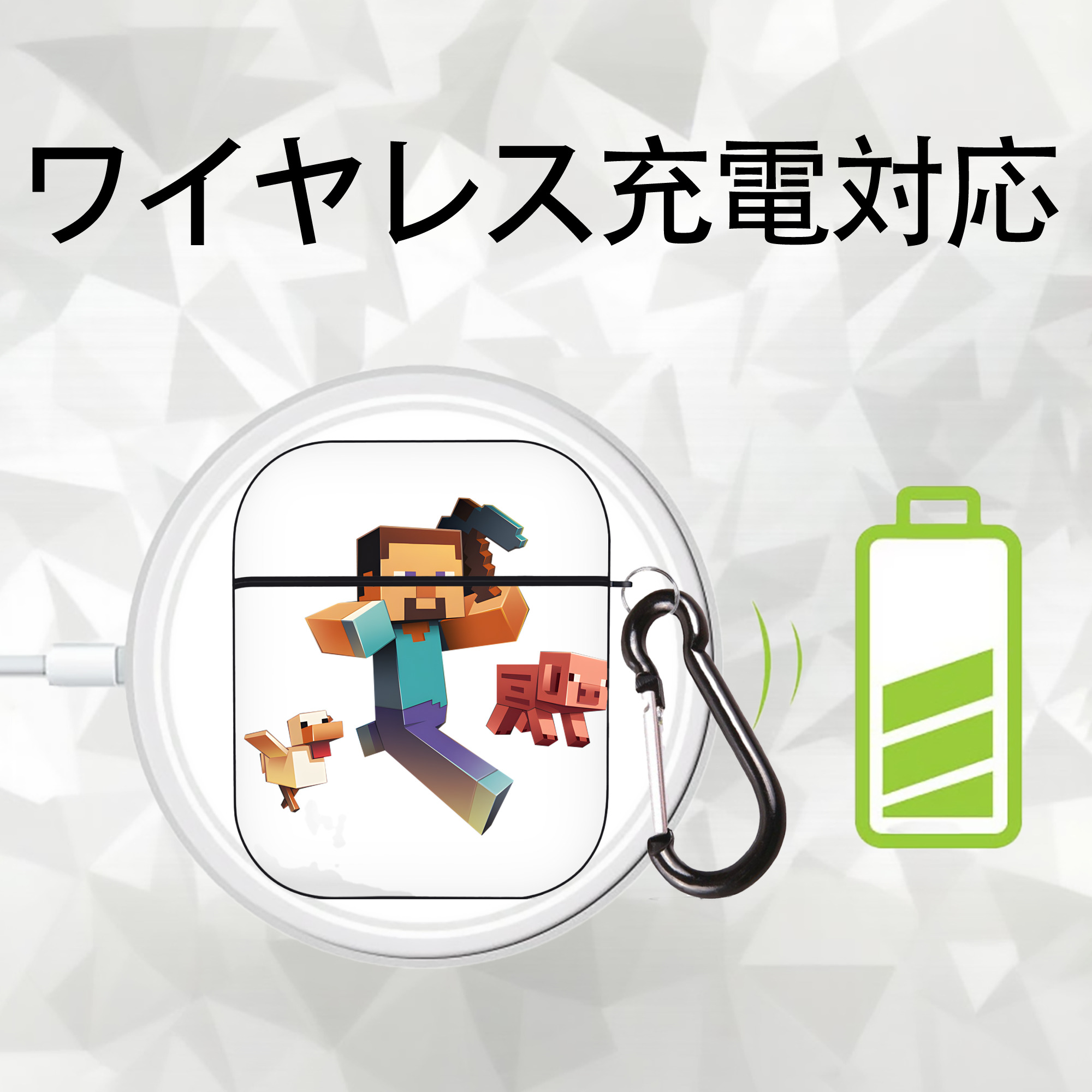 マインクラフト ブロックの世界 Minecraft MC Block world AirPods 第2世代保護ケース ハードシェル ブラック 耐衝撃・防指紋・カラビナ付き