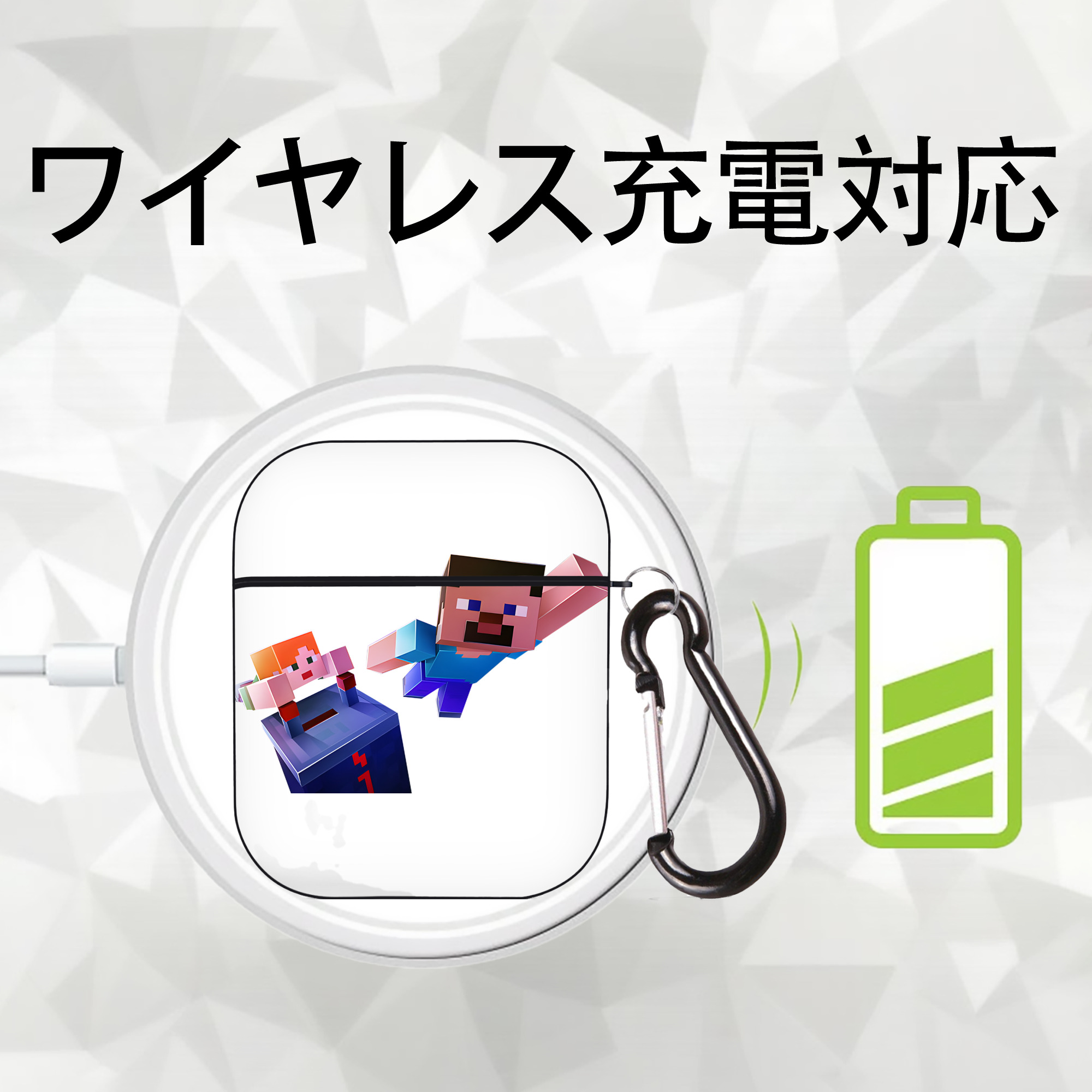 マインクラフト ブロックの世界 Minecraft MC Block world AirPods 第2世代保護ケース ハードシェル ブラック 耐衝撃・防指紋・カラビナ付き