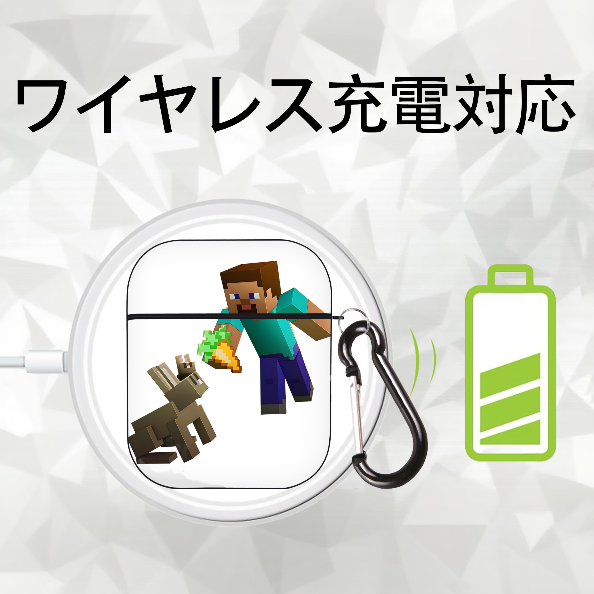 マインクラフト ブロックの世界 Minecraft MC Block world AirPods 第2世代保護ケース ハードシェル ブラック 耐衝撃・防指紋・カラビナ付き
