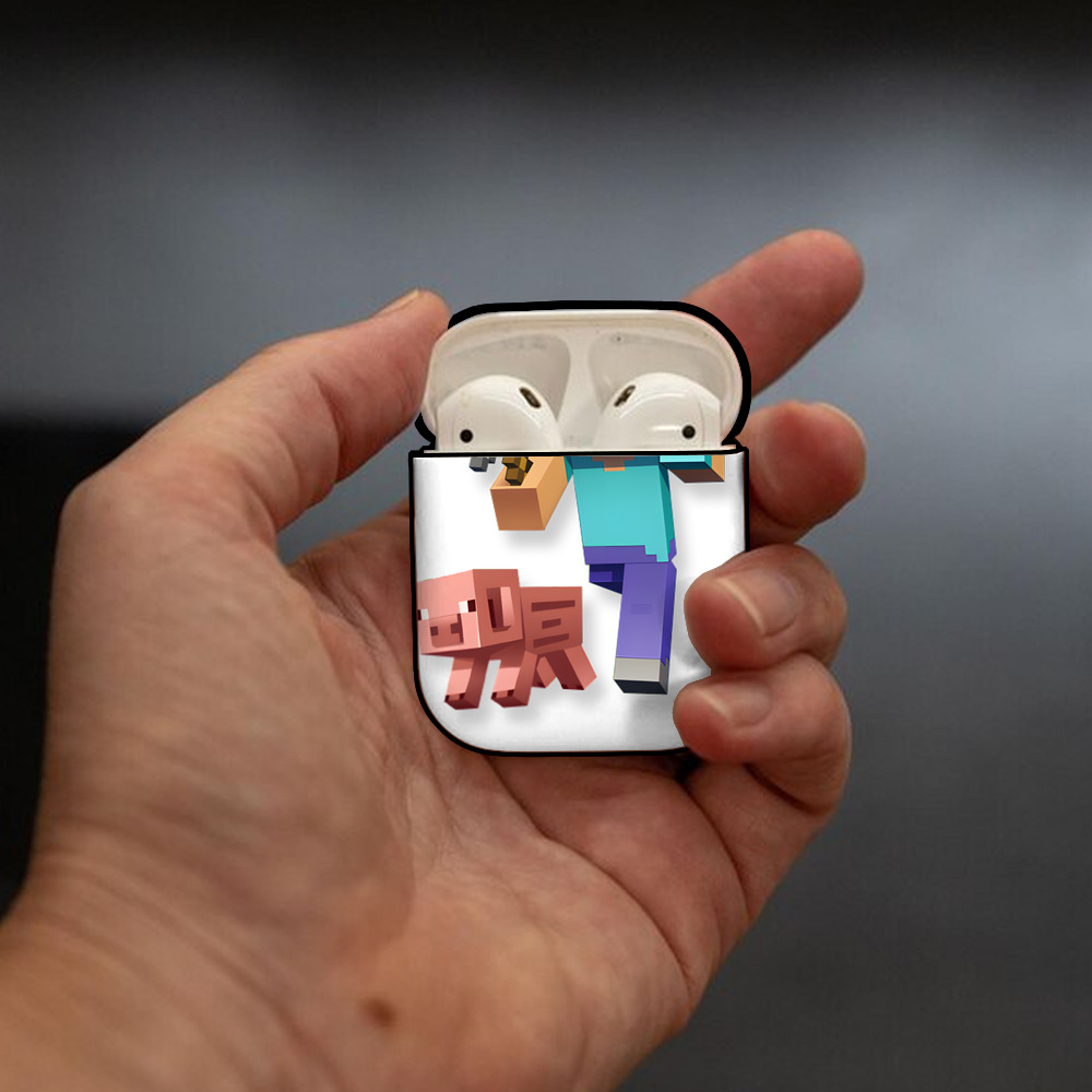 マインクラフト ブロックの世界 Minecraft MC Block world AirPods 第2世代保護ケース ハードシェル ブラック 耐衝撃・防指紋・カラビナ付き