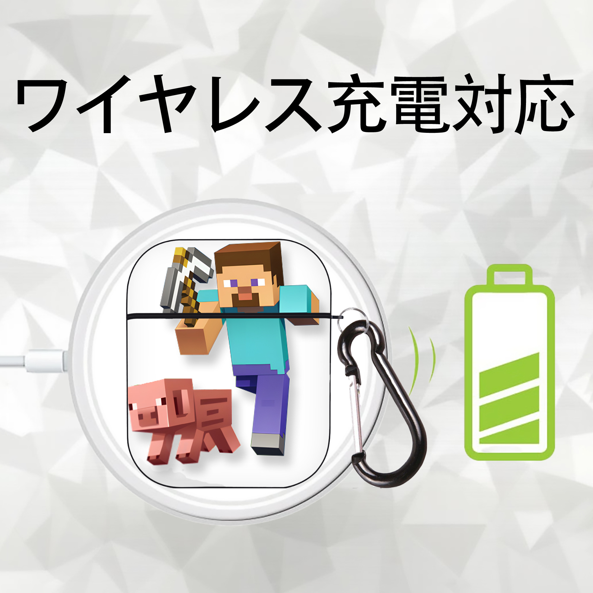 マインクラフト ブロックの世界 Minecraft MC Block world AirPods 第2世代保護ケース ハードシェル ブラック 耐衝撃・防指紋・カラビナ付き