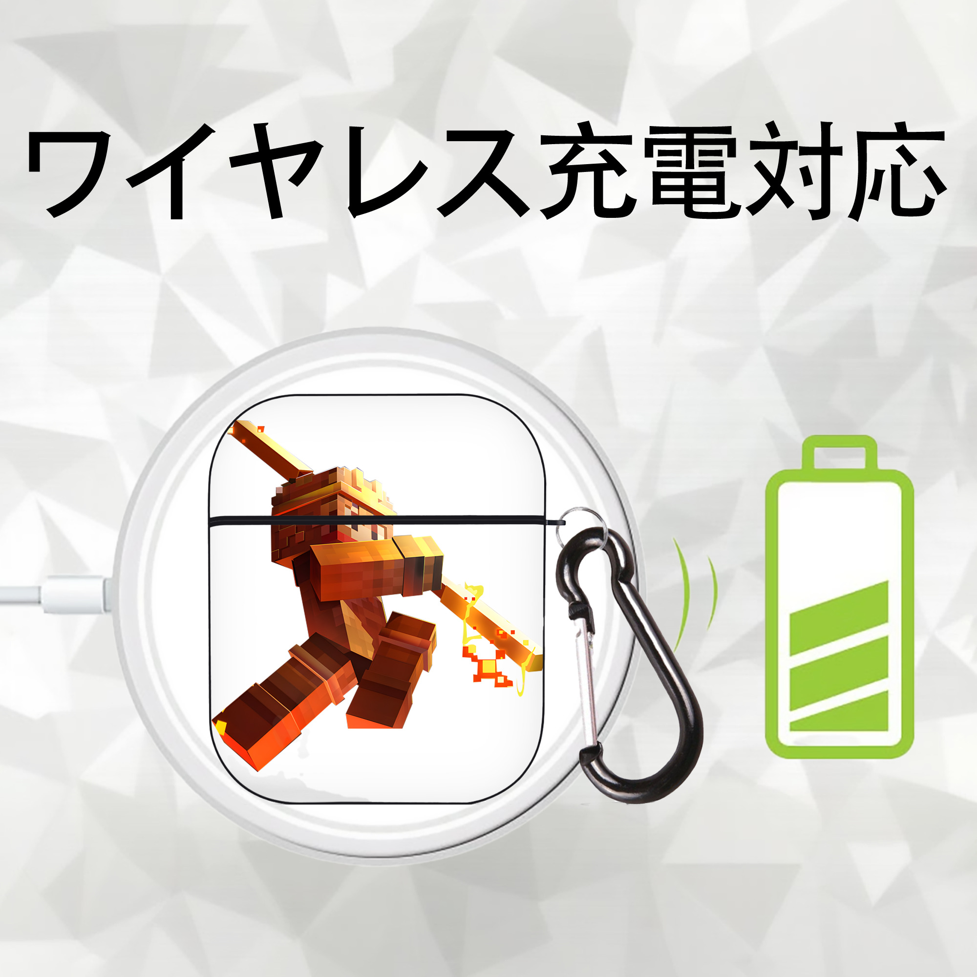 マインクラフト ブロックの世界 Minecraft MC Block world AirPods 第2世代保護ケース ハードシェル ブラック 耐衝撃・防指紋・カラビナ付き