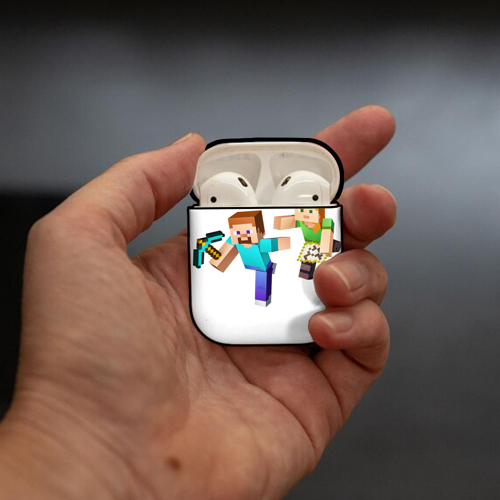 マインクラフト ブロックの世界 Minecraft MC Block world AirPods 第2世代保護ケース ハードシェル ブラック 耐衝撃・防指紋・カラビナ付き