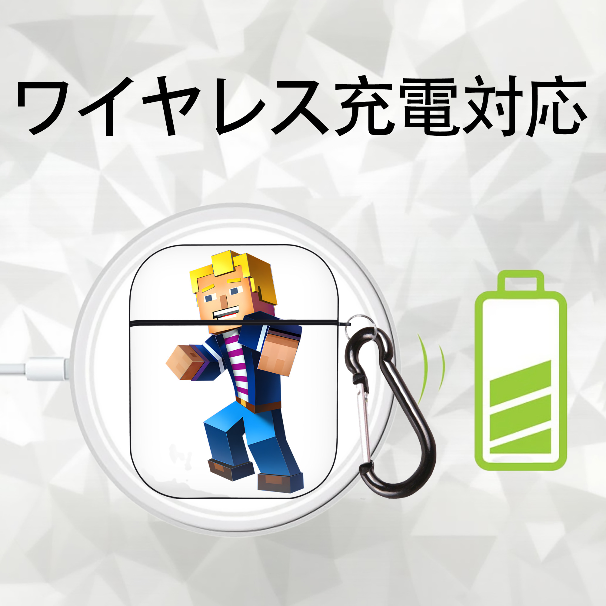 マインクラフト ブロックの世界 Minecraft MC Block world AirPods 第2世代保護ケース ハードシェル ブラック 耐衝撃・防指紋・カラビナ付き