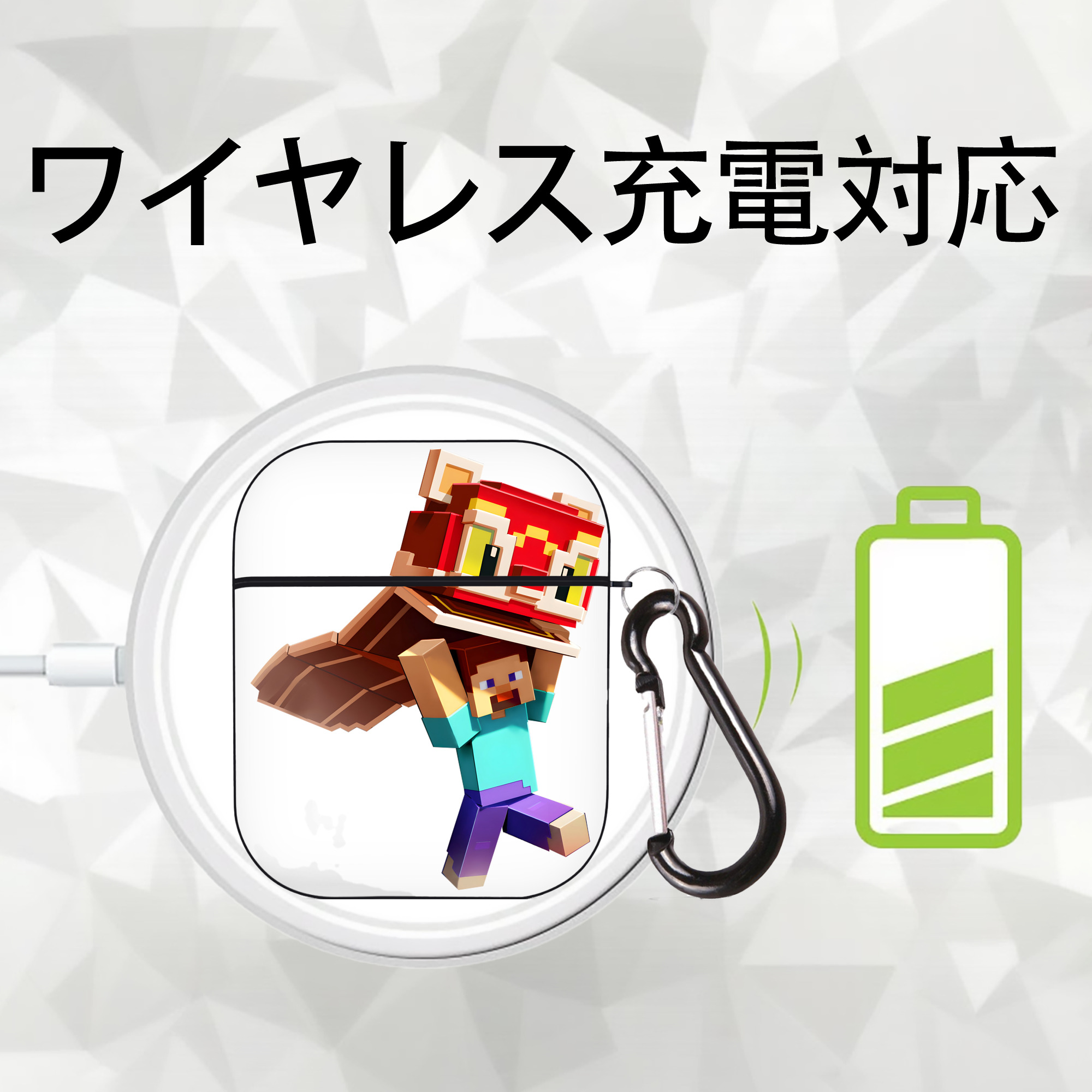 マインクラフト ブロックの世界 Minecraft MC Block world AirPods 第2世代保護ケース ハードシェル ブラック 耐衝撃・防指紋・カラビナ付き