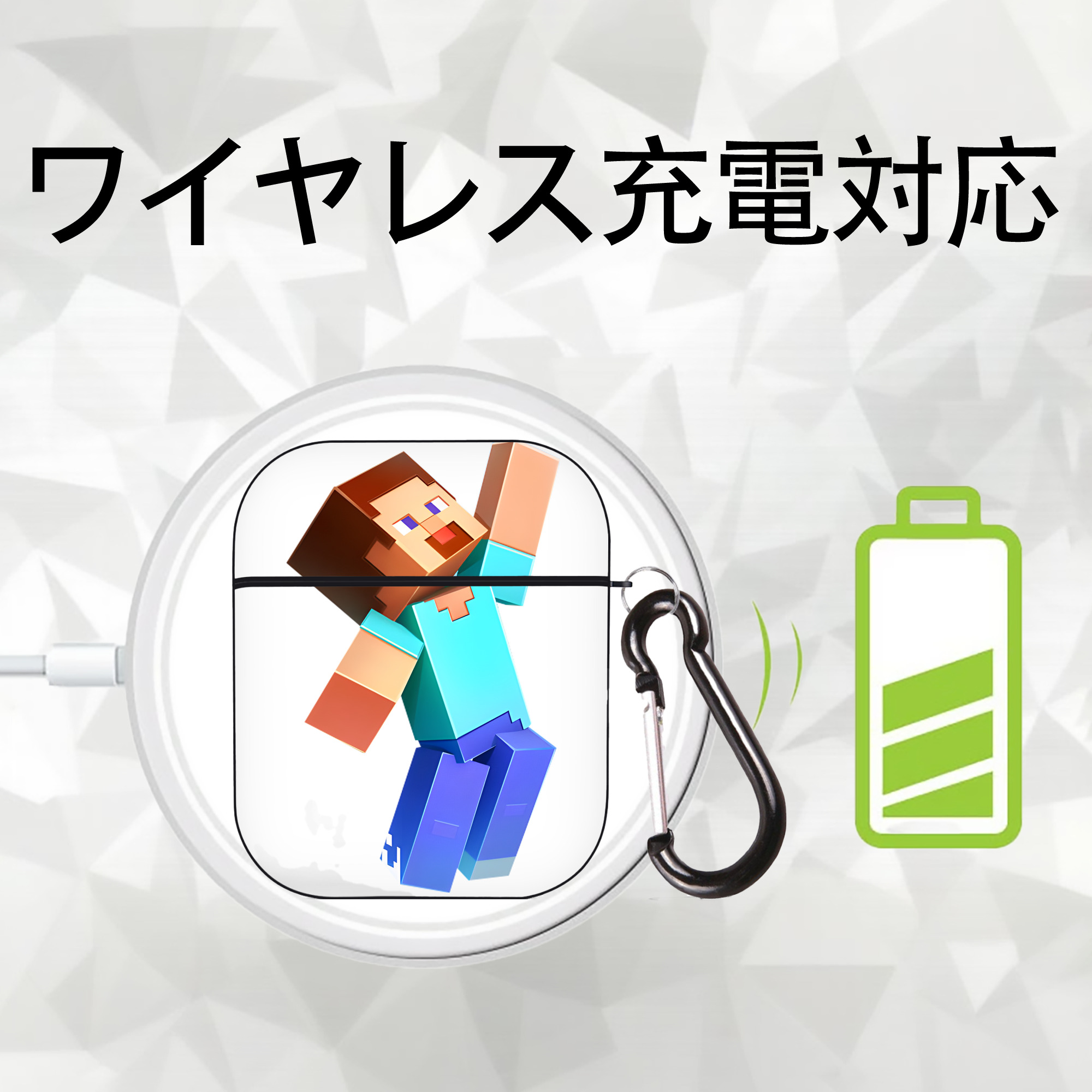 マインクラフト ブロックの世界 Minecraft MC Block world AirPods 第2世代保護ケース ハードシェル ブラック 耐衝撃・防指紋・カラビナ付き
