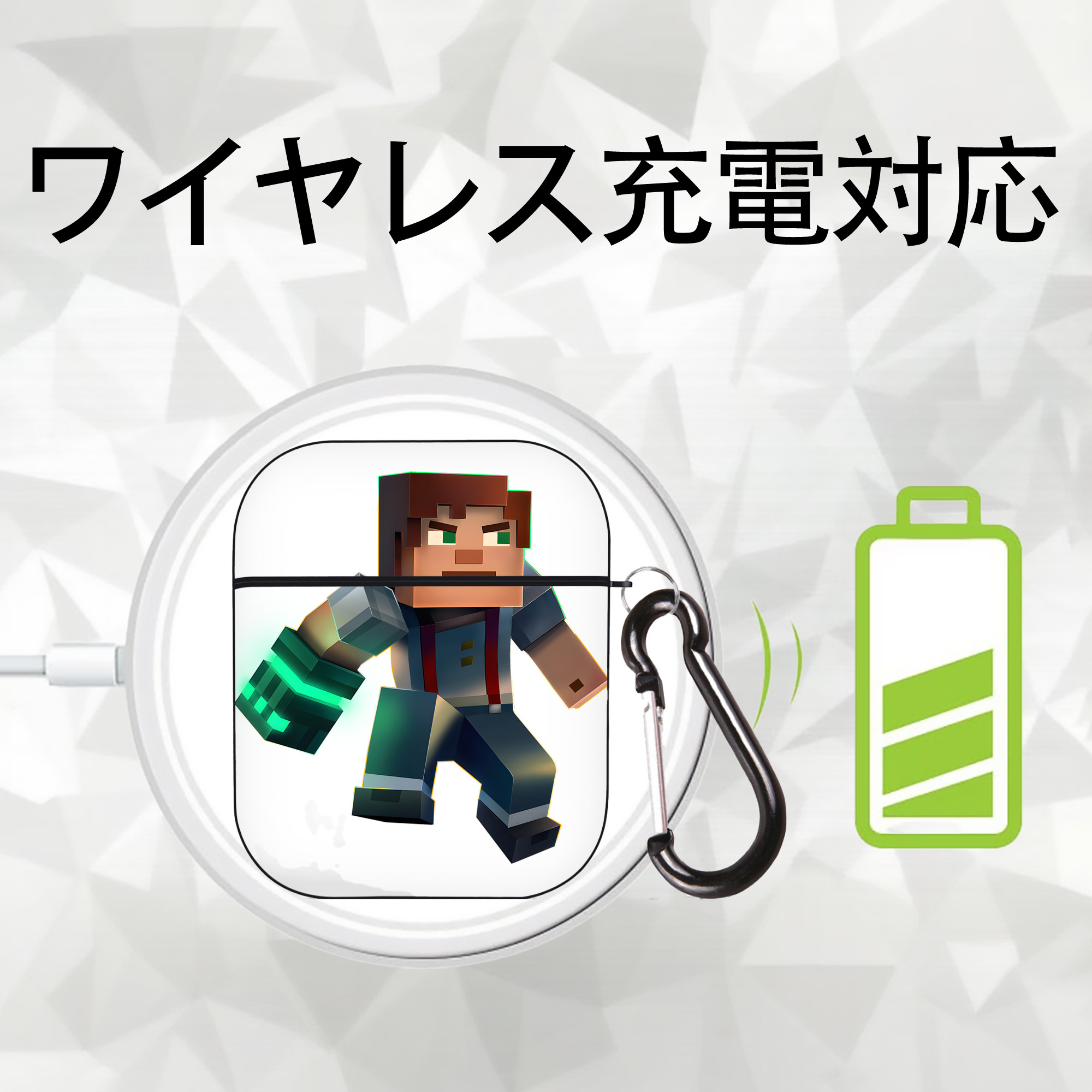 マインクラフト ブロックの世界 Minecraft MC Block world AirPods 第2世代保護ケース ハードシェル ブラック 耐衝撃・防指紋・カラビナ付き