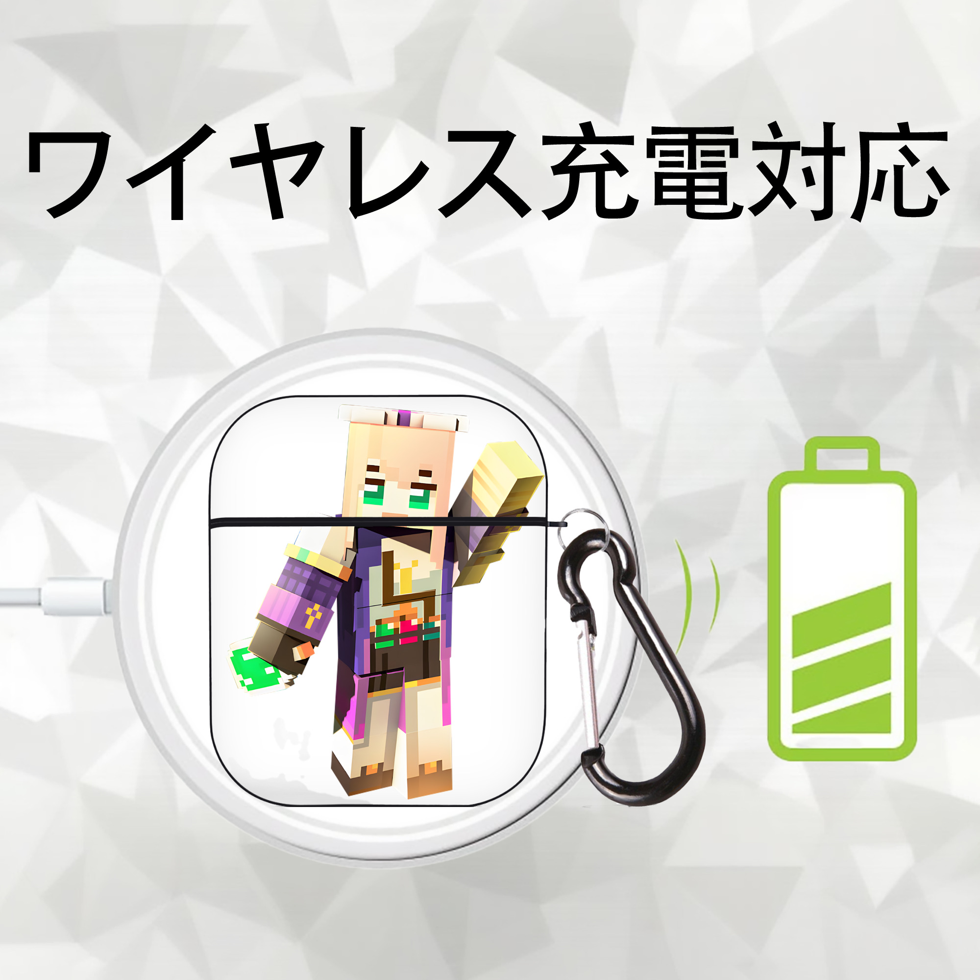 マインクラフト ブロックの世界 Minecraft MC Block world AirPods 第2世代保護ケース ハードシェル ブラック 耐衝撃・防指紋・カラビナ付き