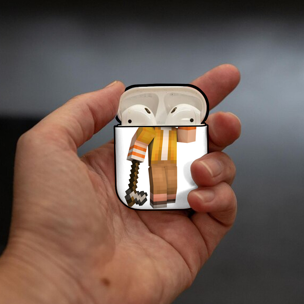 マインクラフト ブロックの世界 Minecraft MC Block world AirPods 第2世代保護ケース ハードシェル ブラック 耐衝撃・防指紋・カラビナ付き