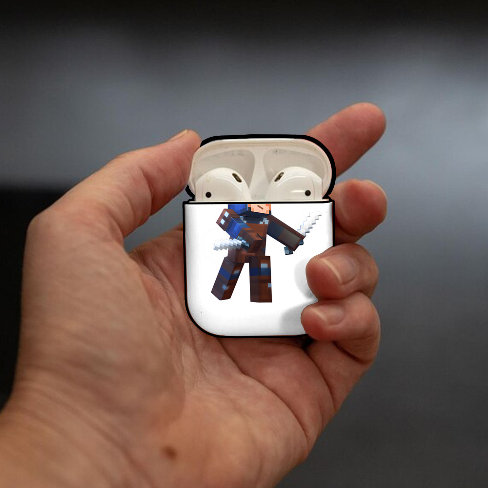 マインクラフト ブロックの世界 Minecraft MC Block world AirPods 第2世代保護ケース ハードシェル ブラック 耐衝撃・防指紋・カラビナ付き