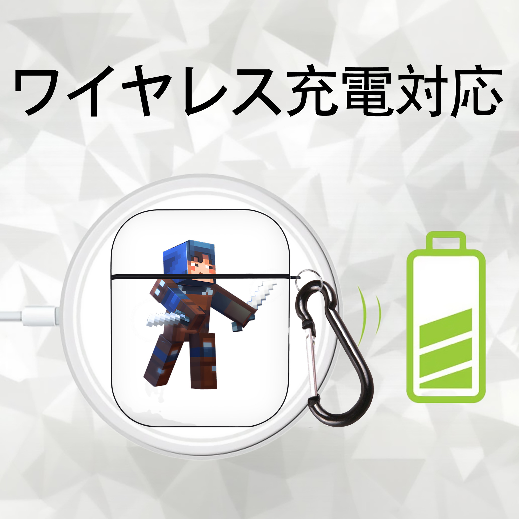 マインクラフト ブロックの世界 Minecraft MC Block world AirPods 第2世代保護ケース ハードシェル ブラック 耐衝撃・防指紋・カラビナ付き