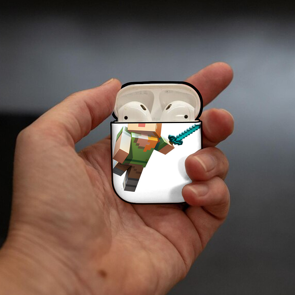 マインクラフト ブロックの世界 Minecraft MC Block world AirPods 第2世代保護ケース ハードシェル ブラック 耐衝撃・防指紋・カラビナ付き