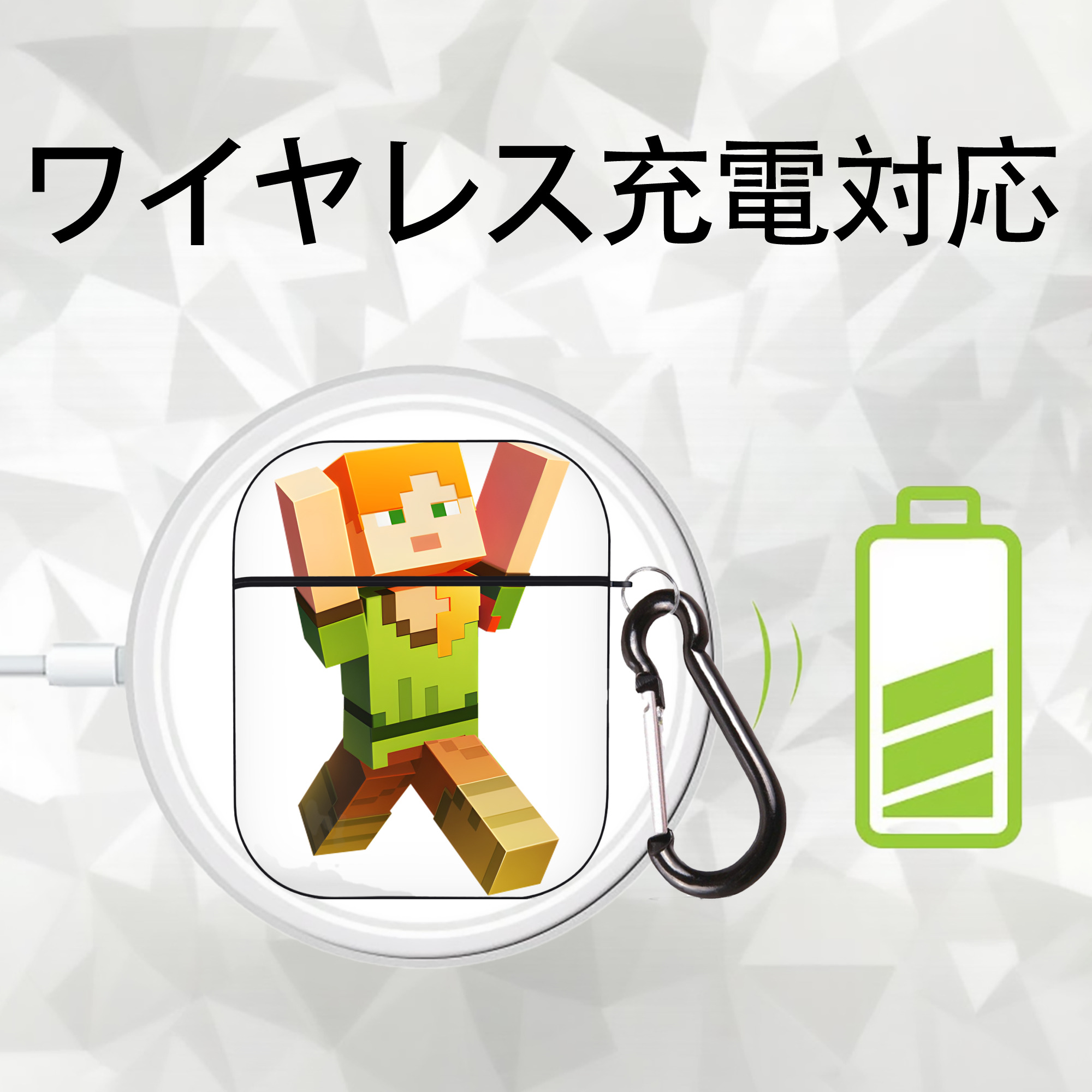 マインクラフト ブロックの世界 Minecraft MC Block world AirPods 第2世代保護ケース ハードシェル ブラック 耐衝撃・防指紋・カラビナ付き