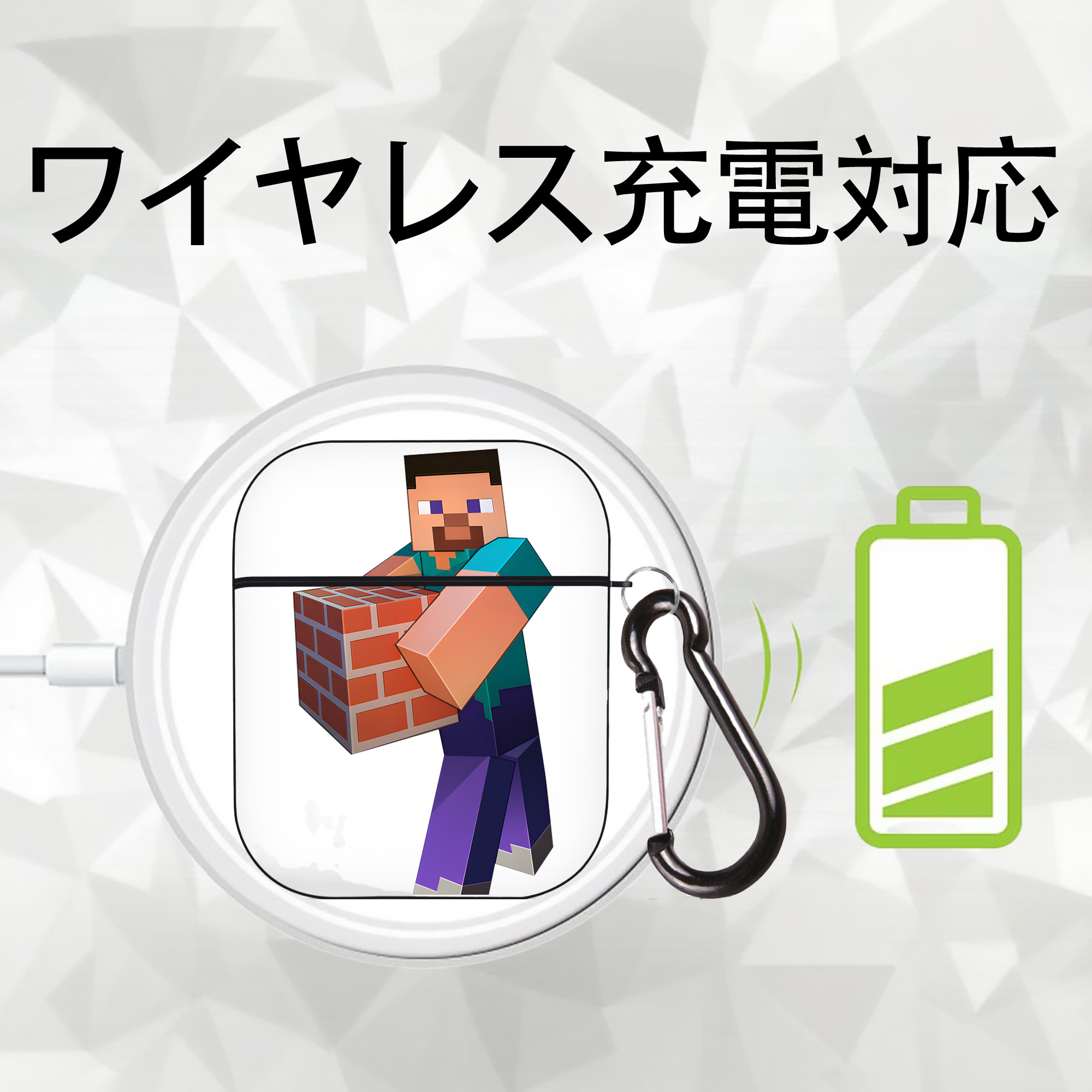 マインクラフト ブロックの世界 Minecraft MC Block world AirPods 第2世代保護ケース ハードシェル ブラック 耐衝撃・防指紋・カラビナ付き