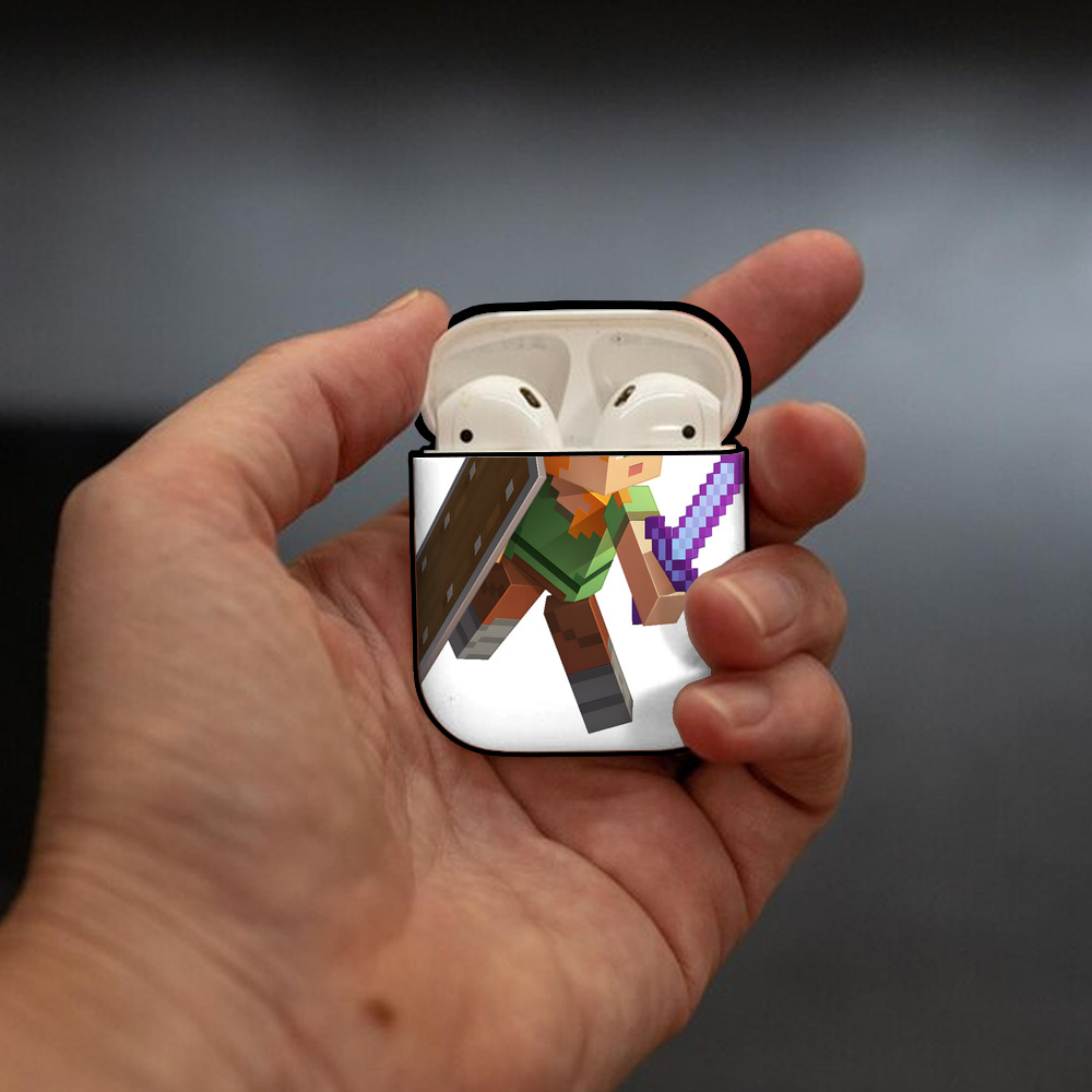 マインクラフト ブロックの世界 Minecraft MC Block world AirPods 第2世代保護ケース ハードシェル ブラック 耐衝撃・防指紋・カラビナ付き
