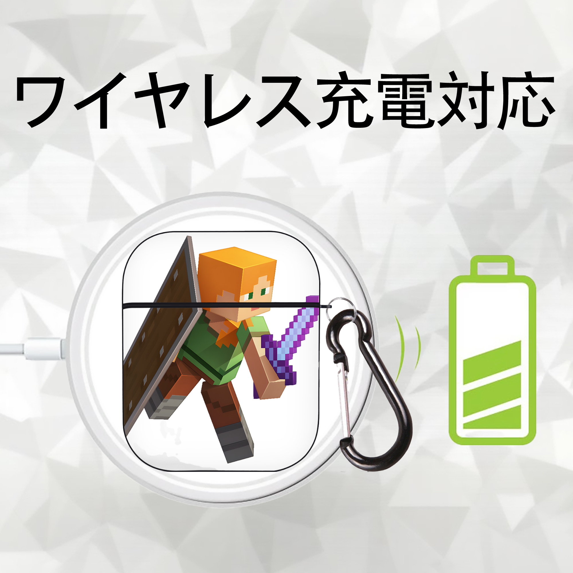 マインクラフト ブロックの世界 Minecraft MC Block world AirPods 第2世代保護ケース ハードシェル ブラック 耐衝撃・防指紋・カラビナ付き