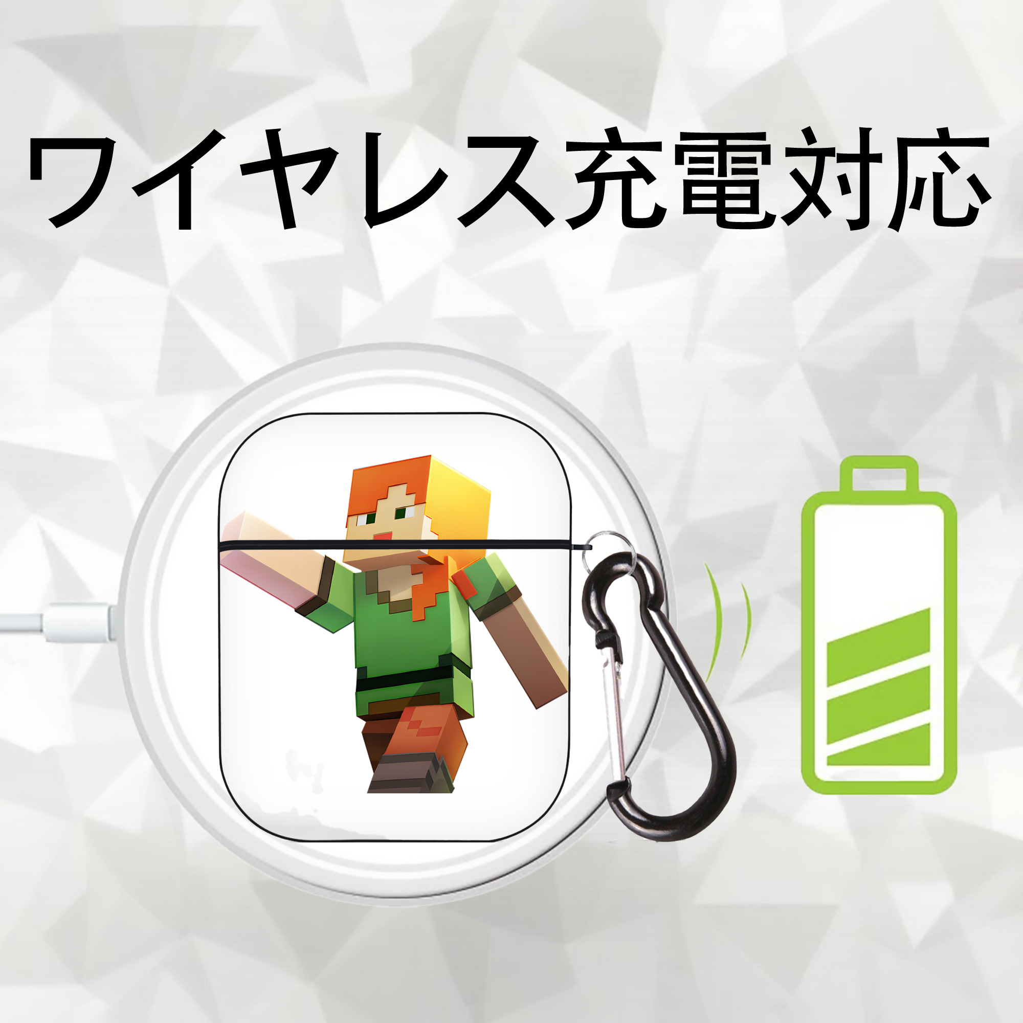 マインクラフト ブロックの世界 Minecraft MC Block world AirPods 第2世代保護ケース ハードシェル ブラック 耐衝撃・防指紋・カラビナ付き