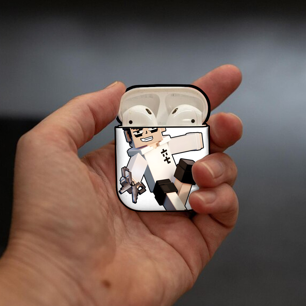 マインクラフト ブロックの世界 Minecraft MC Block world AirPods 第2世代保護ケース ハードシェル ブラック 耐衝撃・防指紋・カラビナ付き