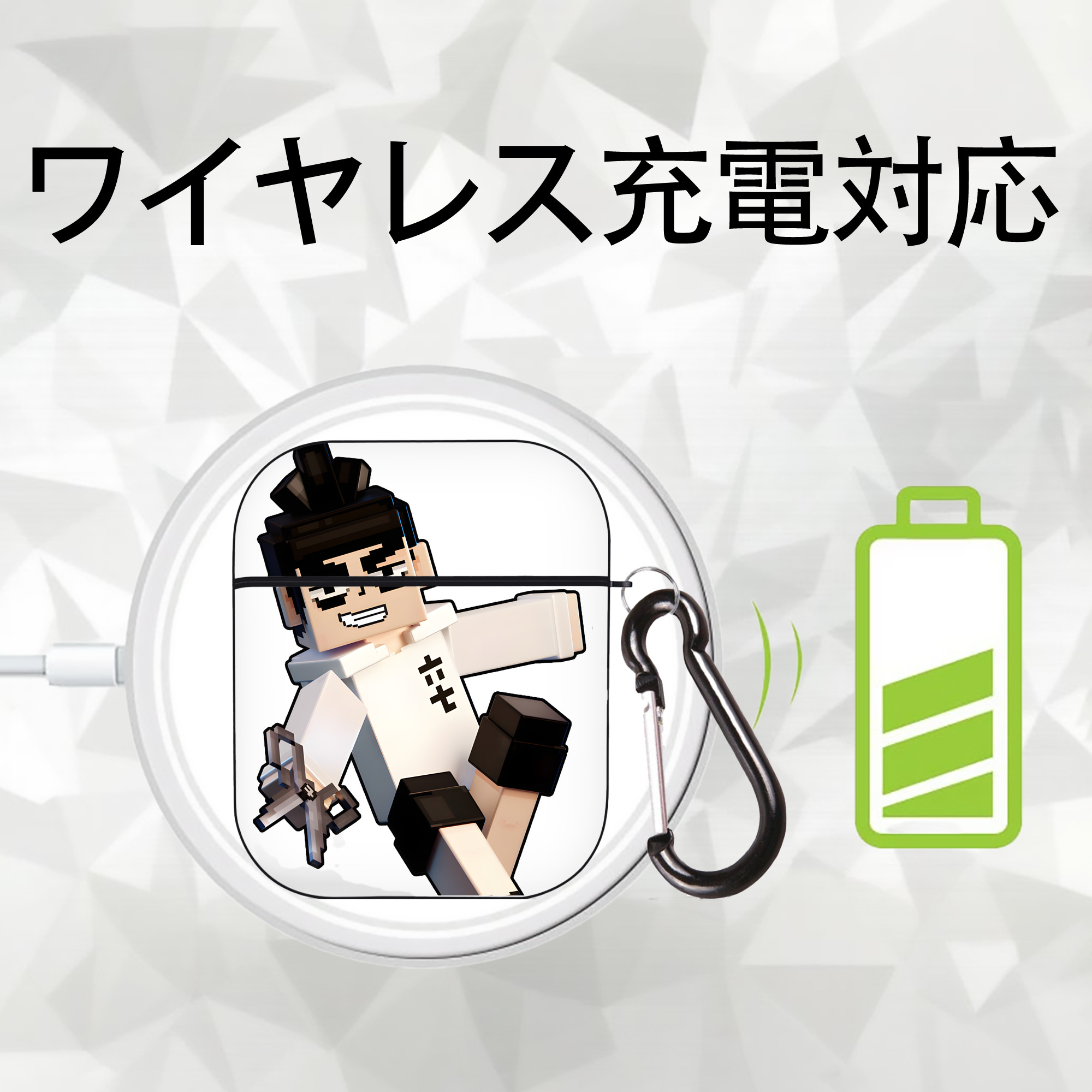 マインクラフト ブロックの世界 Minecraft MC Block world AirPods 第2世代保護ケース ハードシェル ブラック 耐衝撃・防指紋・カラビナ付き