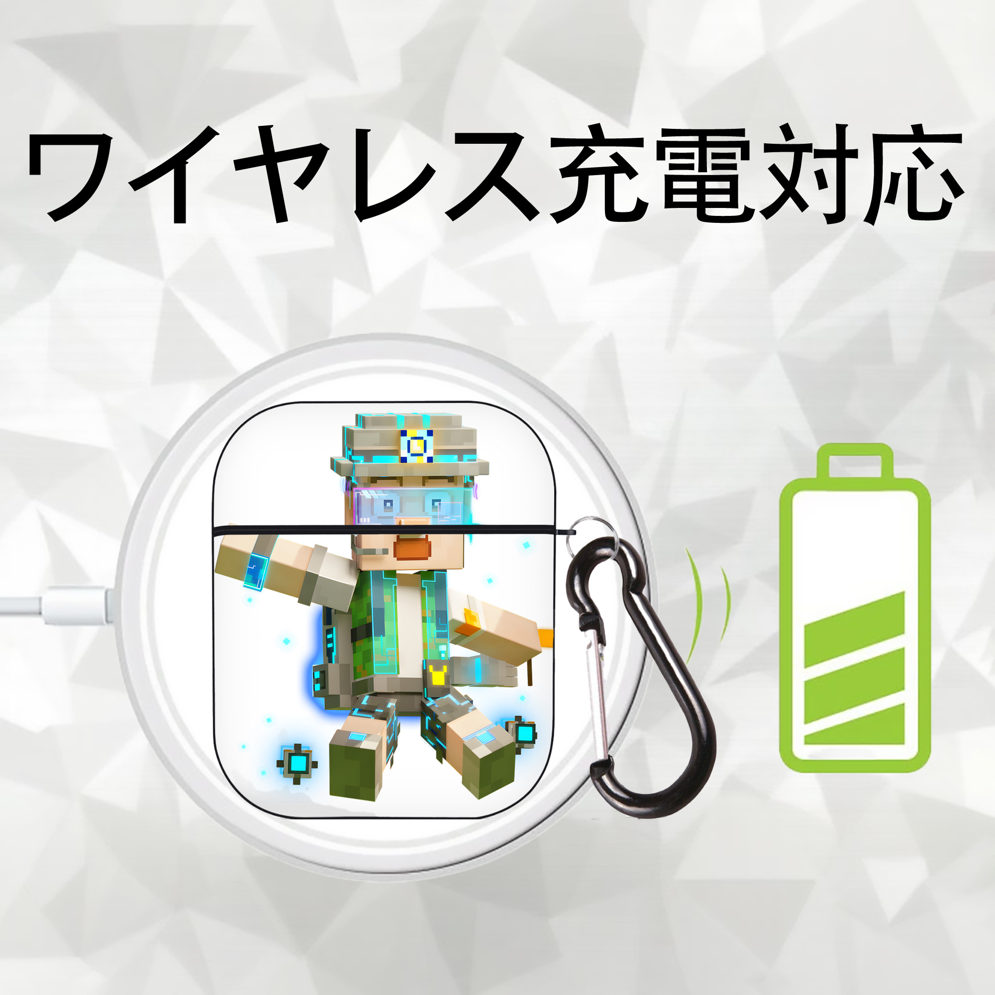 マインクラフト ブロックの世界 Minecraft MC Block world AirPods 第2世代保護ケース ハードシェル ブラック 耐衝撃・防指紋・カラビナ付き
