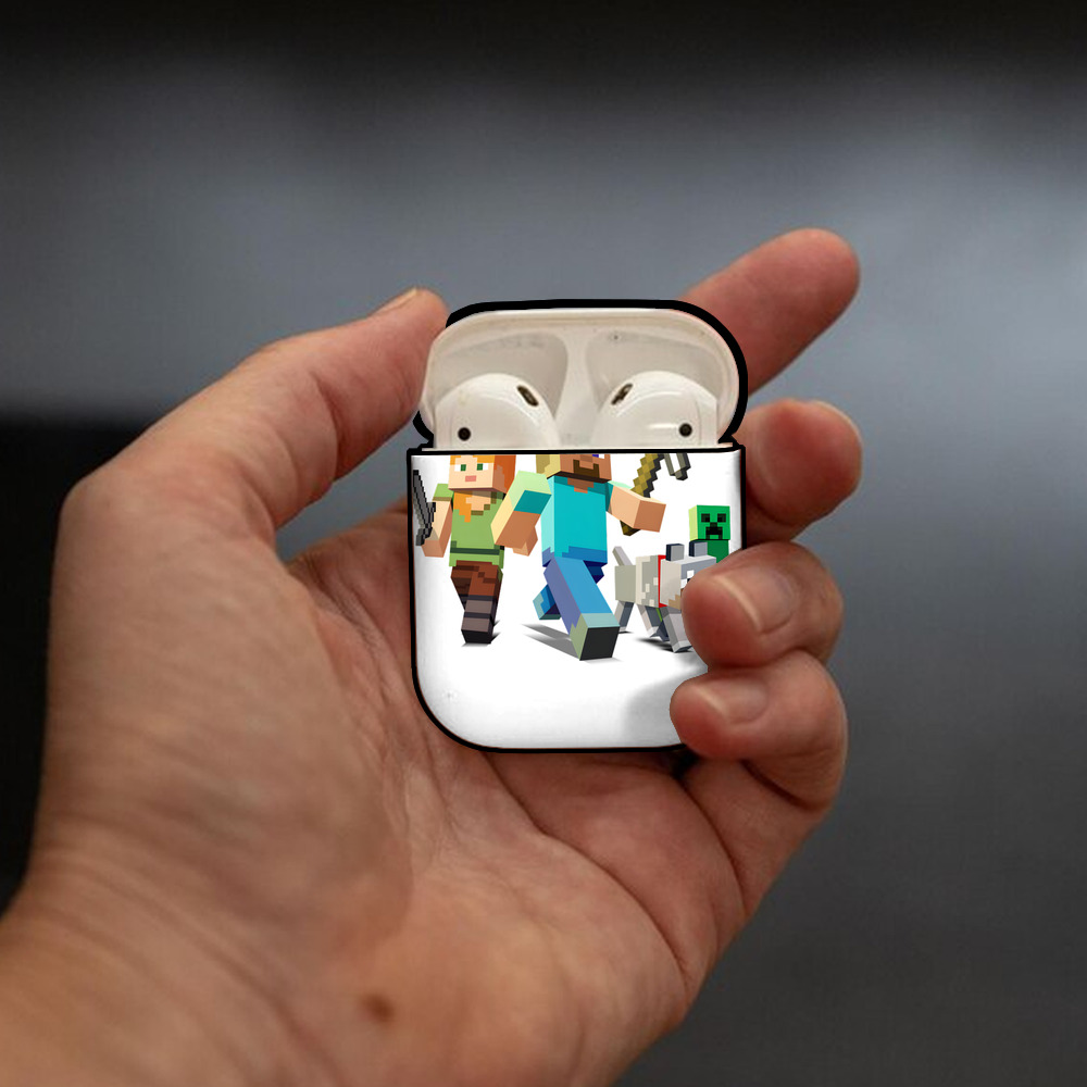 マインクラフト ブロックの世界 Minecraft MC Block world AirPods 第2世代保護ケース ハードシェル ブラック 耐衝撃・防指紋・カラビナ付き