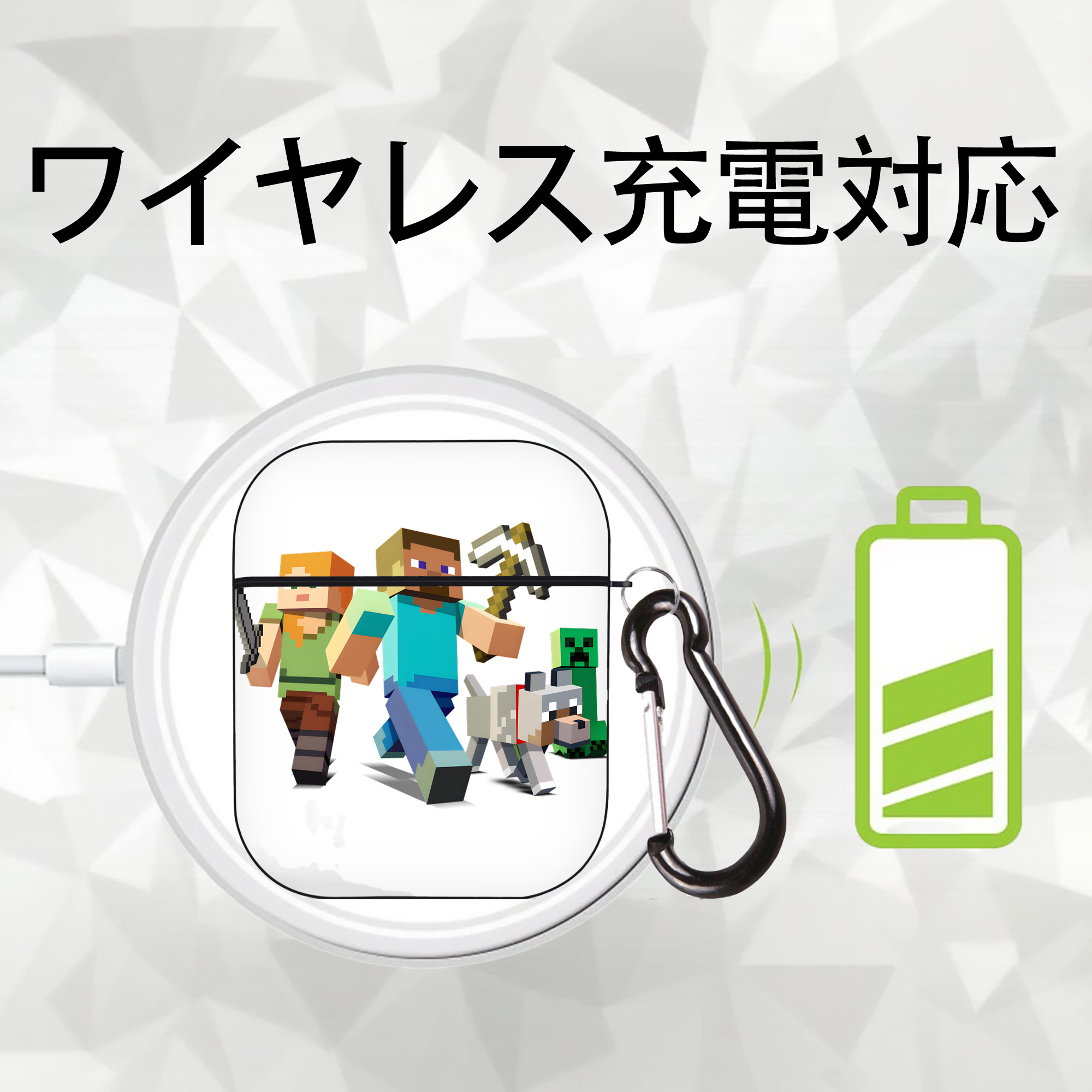 マインクラフト ブロックの世界 Minecraft MC Block world AirPods 第2世代保護ケース ハードシェル ブラック 耐衝撃・防指紋・カラビナ付き