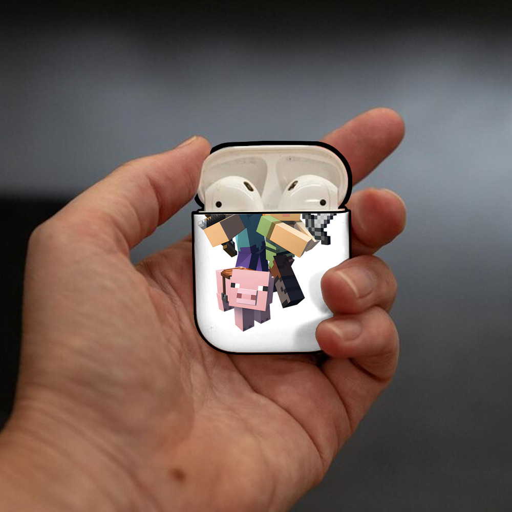 マインクラフト ブロックの世界 Minecraft MC Block world AirPods 第2世代保護ケース ハードシェル ブラック 耐衝撃・防指紋・カラビナ付き