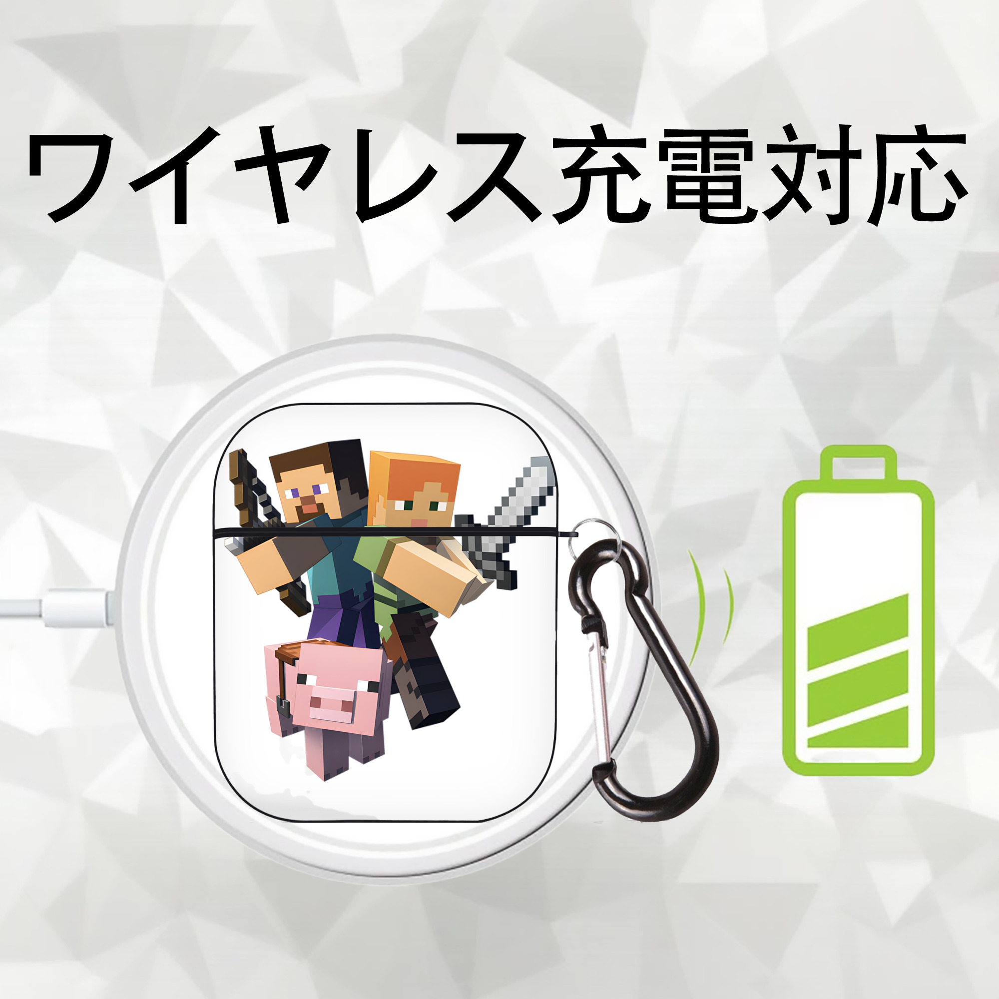 マインクラフト ブロックの世界 Minecraft MC Block world AirPods 第2世代保護ケース ハードシェル ブラック 耐衝撃・防指紋・カラビナ付き