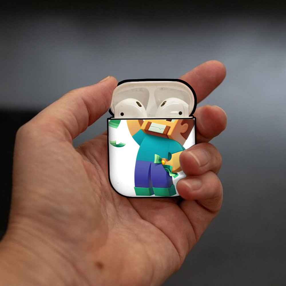 マインクラフト ブロックの世界 Minecraft MC Block world AirPods 第2世代保護ケース ハードシェル ブラック 耐衝撃・防指紋・カラビナ付き