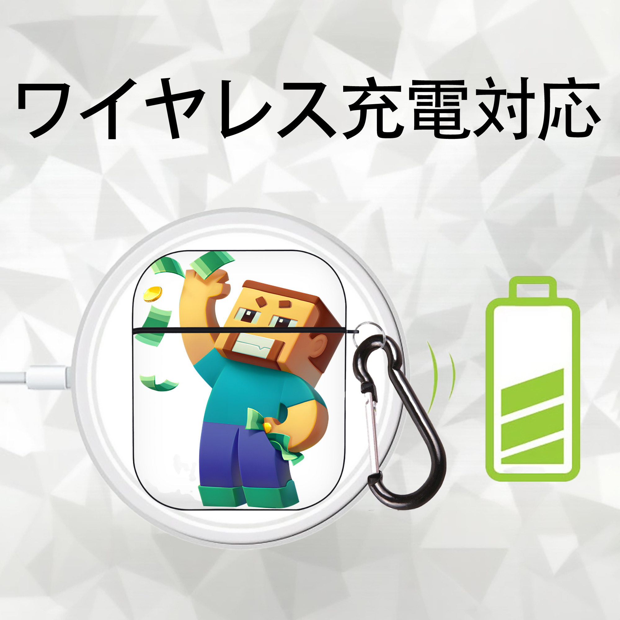 マインクラフト ブロックの世界 Minecraft MC Block world AirPods 第2世代保護ケース ハードシェル ブラック 耐衝撃・防指紋・カラビナ付き