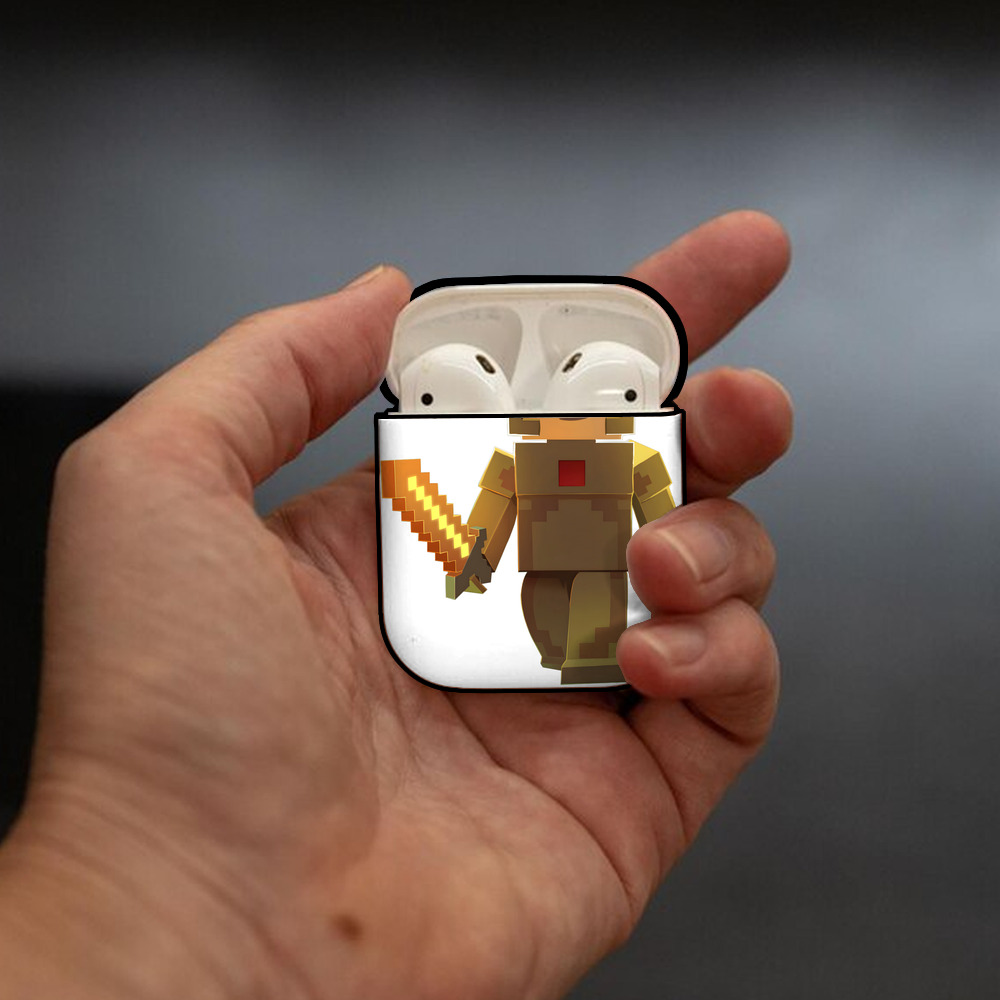 マインクラフト ブロックの世界 Minecraft MC Block world AirPods 第2世代保護ケース ハードシェル ブラック 耐衝撃・防指紋・カラビナ付き