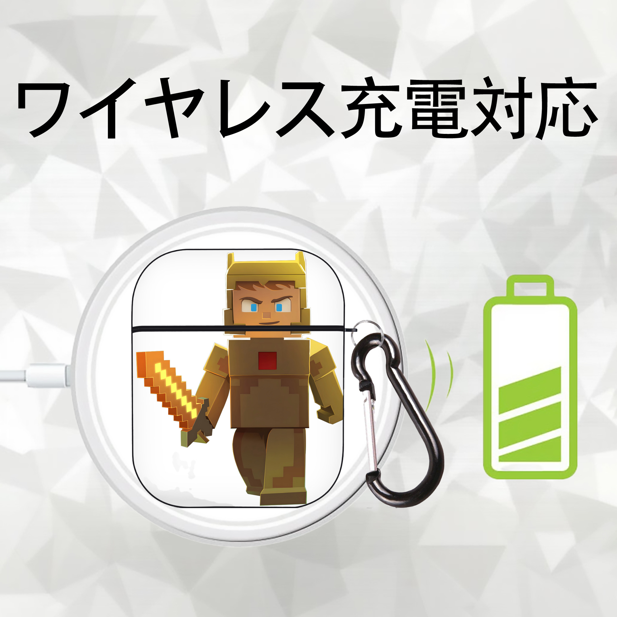 マインクラフト ブロックの世界 Minecraft MC Block world AirPods 第2世代保護ケース ハードシェル ブラック 耐衝撃・防指紋・カラビナ付き