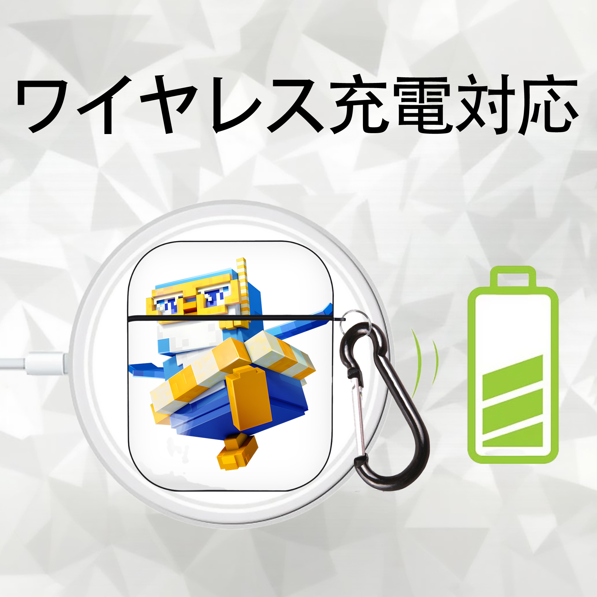 マインクラフト ブロックの世界 Minecraft MC Block world AirPods 第2世代保護ケース ハードシェル ブラック 耐衝撃・防指紋・カラビナ付き