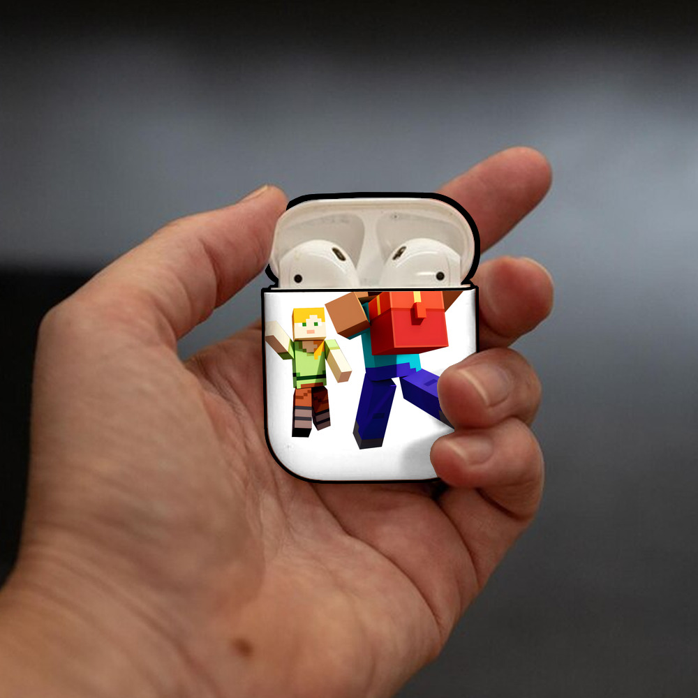 マインクラフト ブロックの世界 Minecraft MC Block world AirPods 第2世代保護ケース ハードシェル ブラック 耐衝撃・防指紋・カラビナ付き