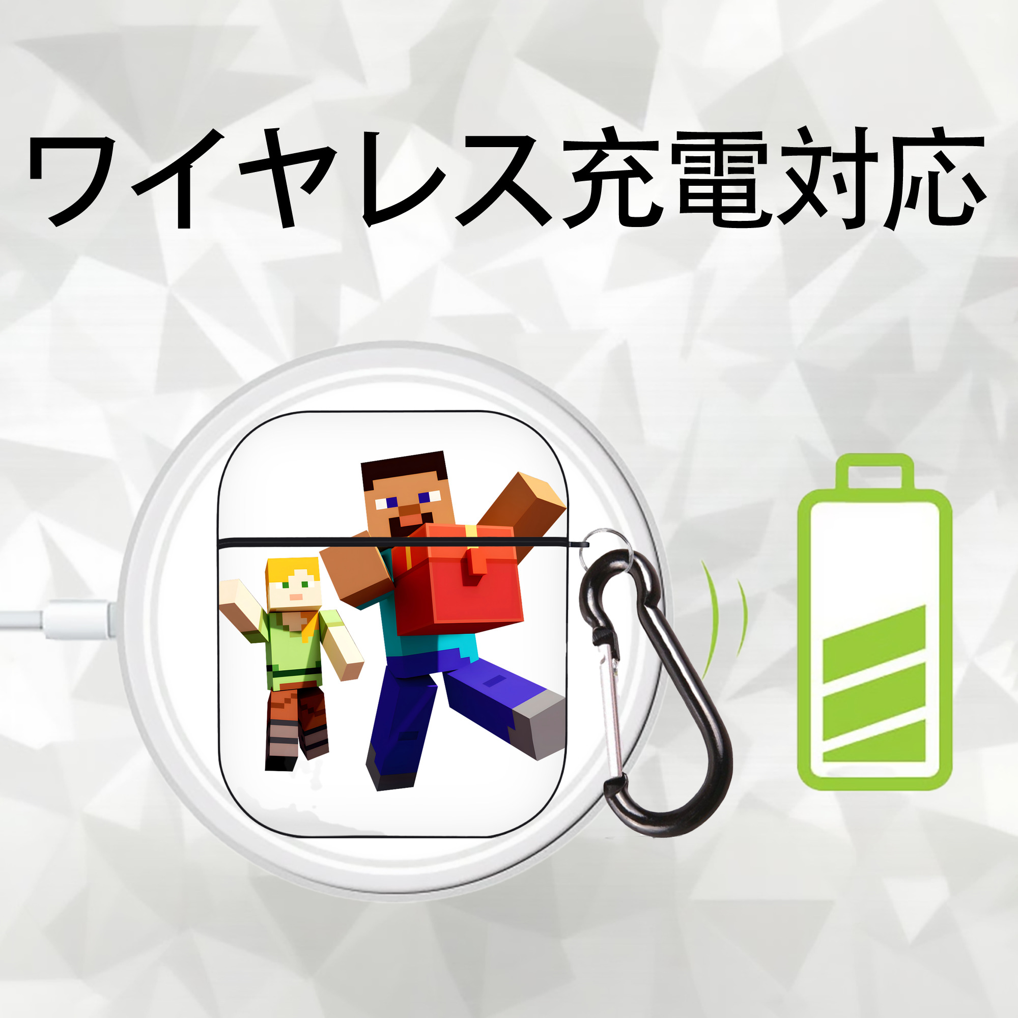 マインクラフト ブロックの世界 Minecraft MC Block world AirPods 第2世代保護ケース ハードシェル ブラック 耐衝撃・防指紋・カラビナ付き