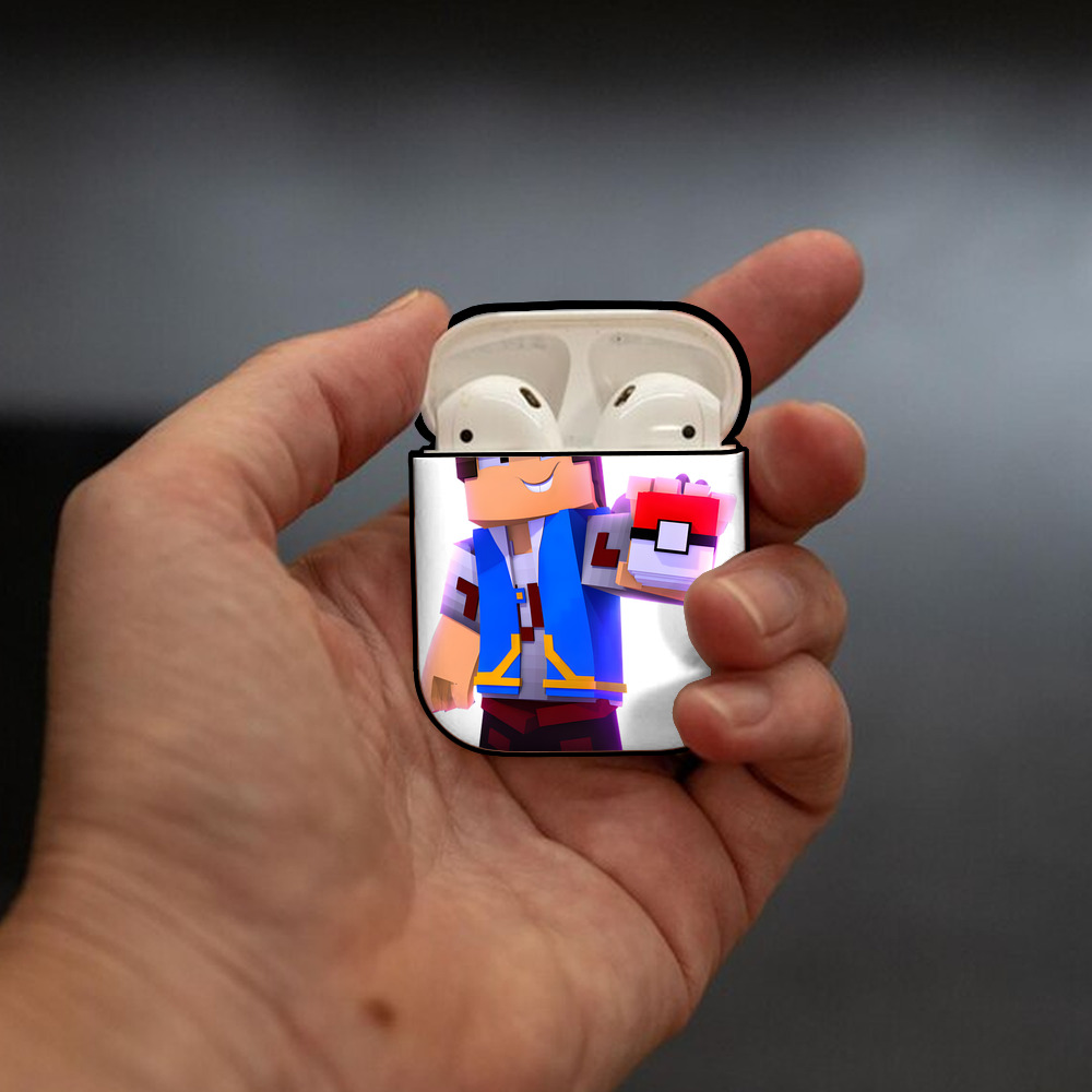 マインクラフト ブロックの世界 Minecraft MC Block world AirPods 第2世代保護ケース ハードシェル ブラック 耐衝撃・防指紋・カラビナ付き