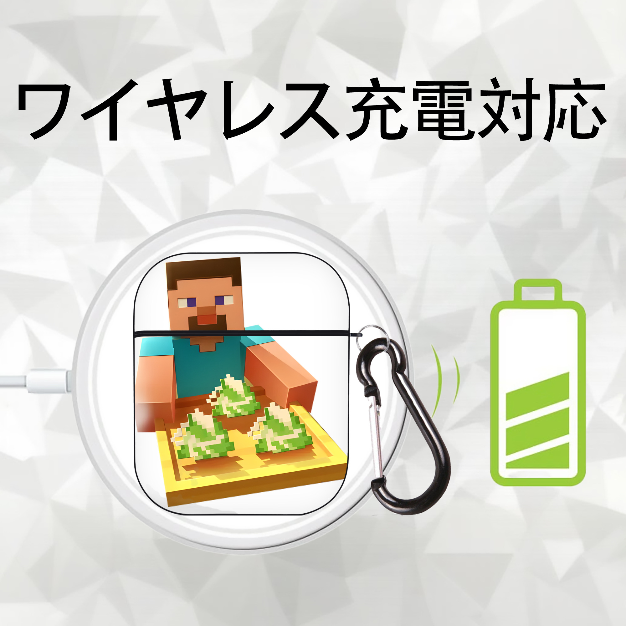 マインクラフト ブロックの世界 Minecraft MC Block world AirPods 第2世代保護ケース ハードシェル ブラック 耐衝撃・防指紋・カラビナ付き