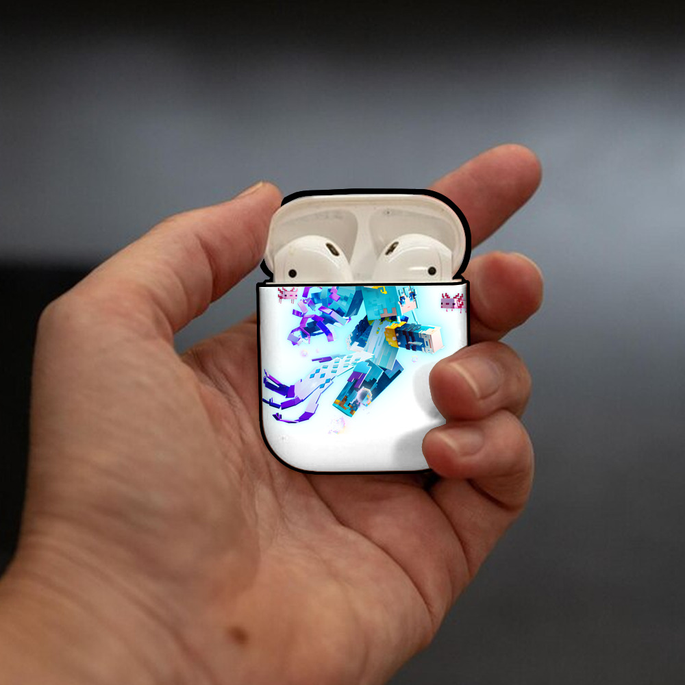 マインクラフト ブロックの世界 Minecraft MC Block world AirPods 第2世代保護ケース ハードシェル ブラック 耐衝撃・防指紋・カラビナ付き