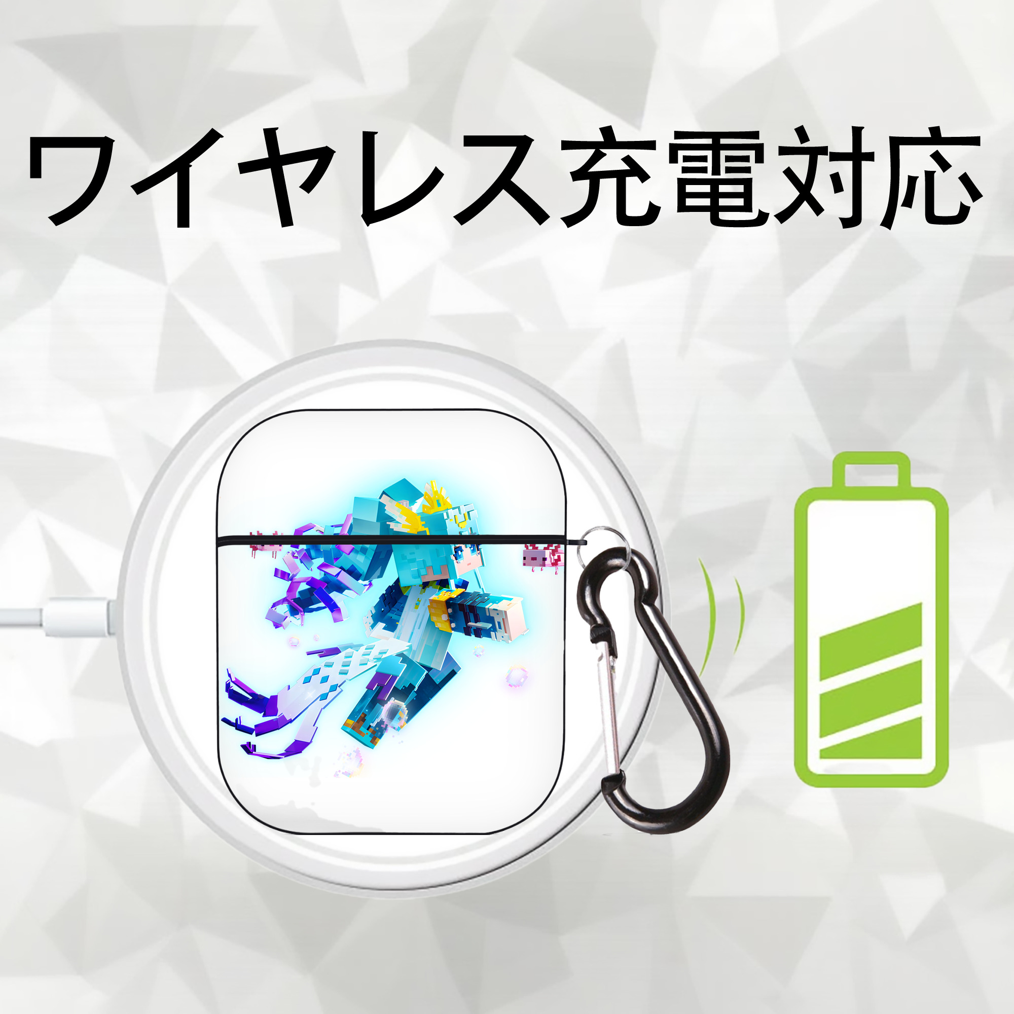 マインクラフト ブロックの世界 Minecraft MC Block world AirPods 第2世代保護ケース ハードシェル ブラック 耐衝撃・防指紋・カラビナ付き