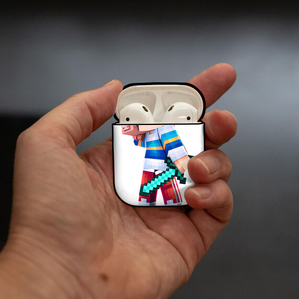 マインクラフト ブロックの世界 Minecraft MC Block world AirPods 第2世代保護ケース ハードシェル ブラック 耐衝撃・防指紋・カラビナ付き