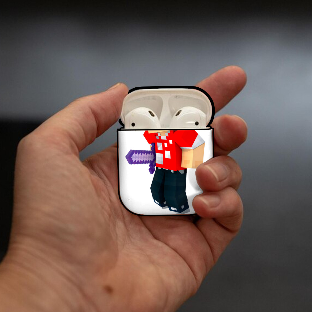 マインクラフト ブロックの世界 Minecraft MC Block world AirPods 第2世代保護ケース ハードシェル ブラック 耐衝撃・防指紋・カラビナ付き