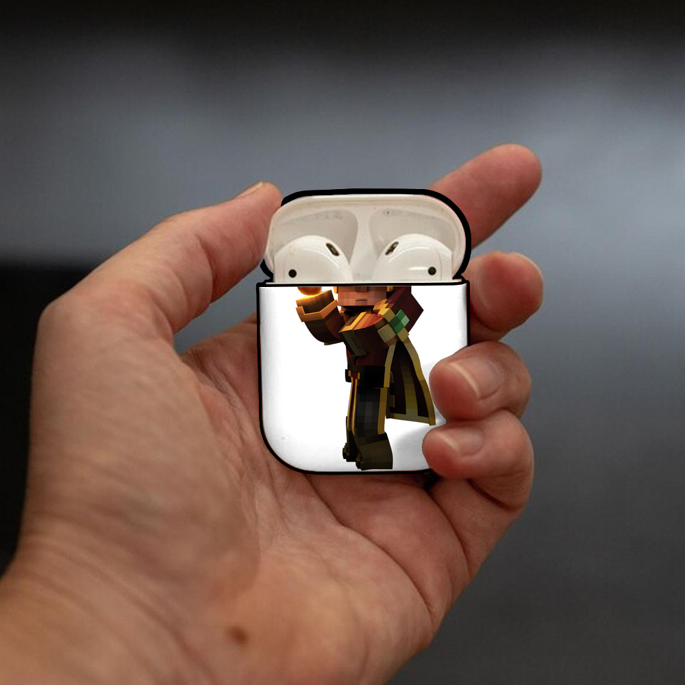 マインクラフト ブロックの世界 Minecraft MC Block world AirPods 第2世代保護ケース ハードシェル ブラック 耐衝撃・防指紋・カラビナ付き